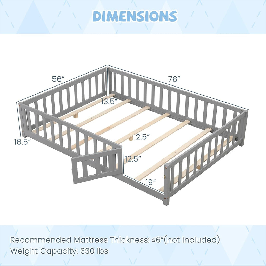Giantex Full Size Floor Bed for Kids, Low Montessori Bed with Wood Slats & Safety Guardrails, Solid Wood Full Floor Beds with Fence and Door for Kids Boys Girls, Grey