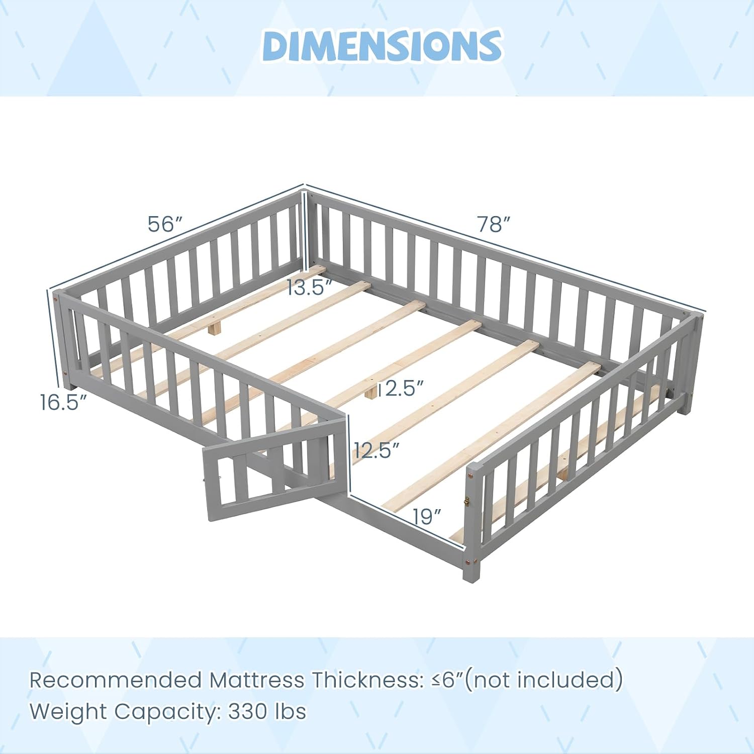 Giantex Full Size Floor Bed for Kids, Low Montessori Bed with Wood Slats & Safety Guardrails, Solid Wood Full Floor Beds with Fence and Door for Kids Boys Girls, Grey