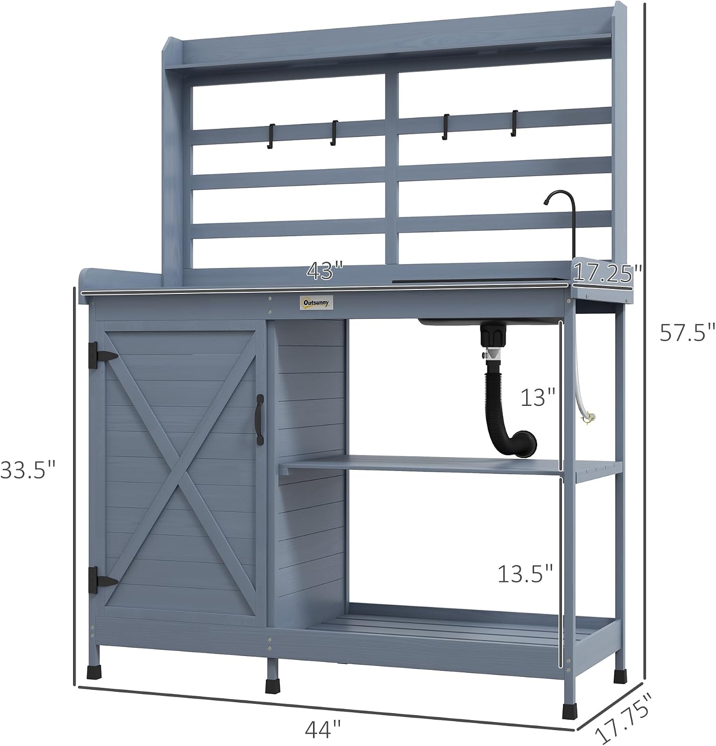 Wooden Potting Bench, Outdoor Potting Table with Storage Cabinet, Storage Shelves, Sink, Water Tap, Wood Table Top for Backyard, Patio, Balcony, Gray