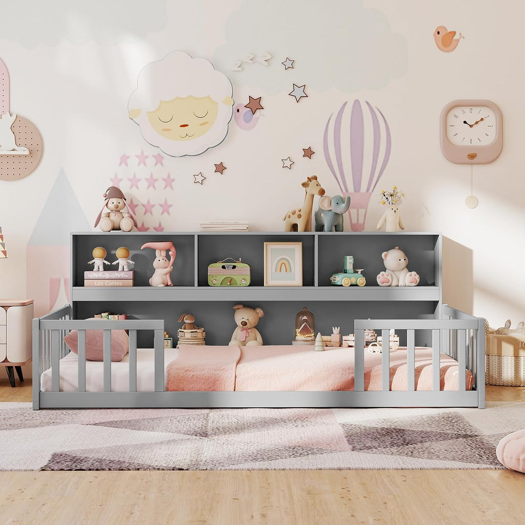 Giantex Twin Floor Bed for Kids, Wooden Montessori Bed Frame with Bookcase, Storage Shelves & Safety Fence Rails, Floor Beds Twin for Girls, Boys, No Box Spring Needed, Without Slats, Grey