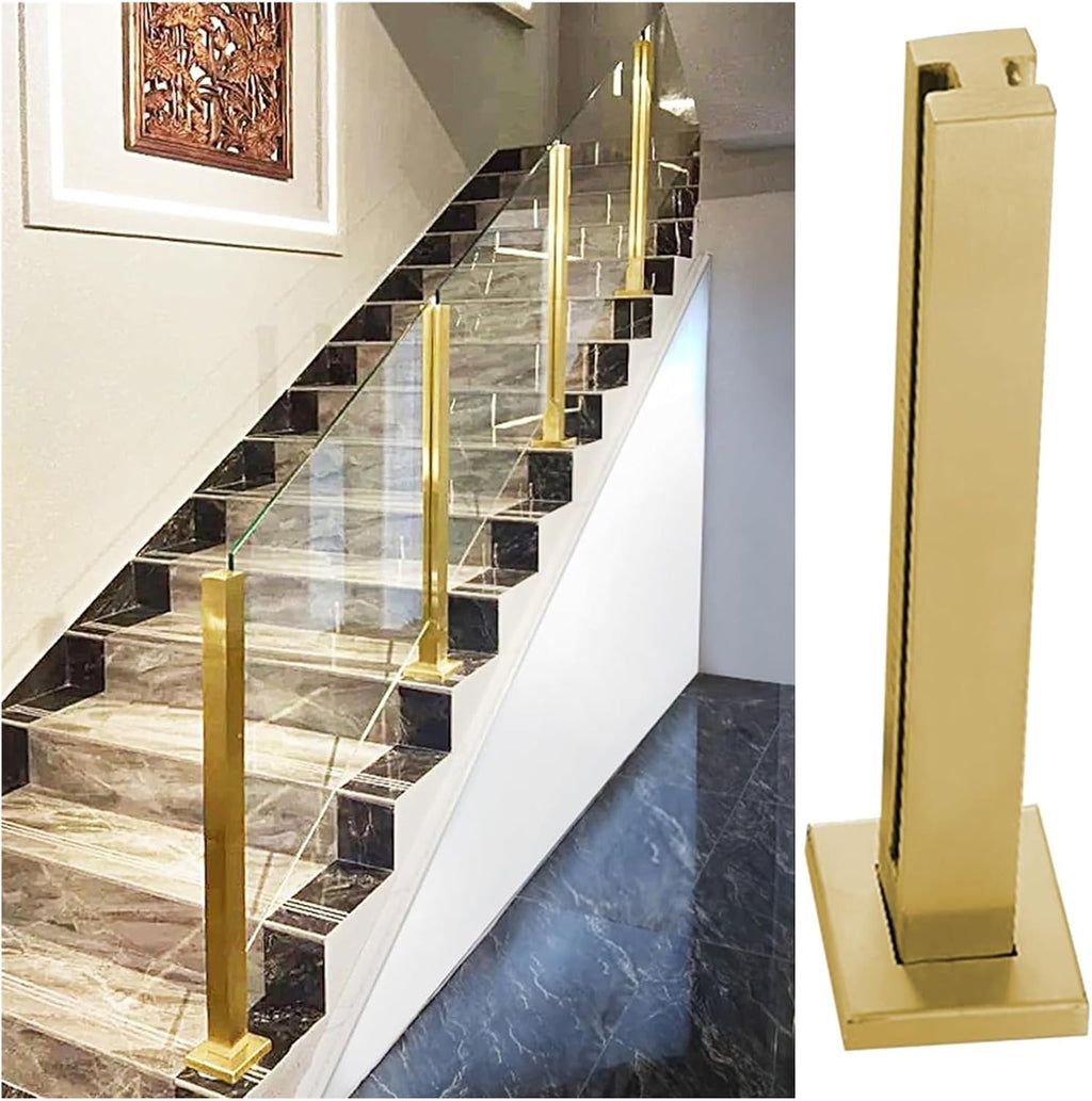 Hallway Stairs Glass Railing Post Stainless Steel Gold, Fence Balcony Glass Floor Clamp for Glass, Wood Board, PVC Acrylic Board, Fence Balustrade Clear View Panels Post(Gold-Mid Post,70cm/27.5in)