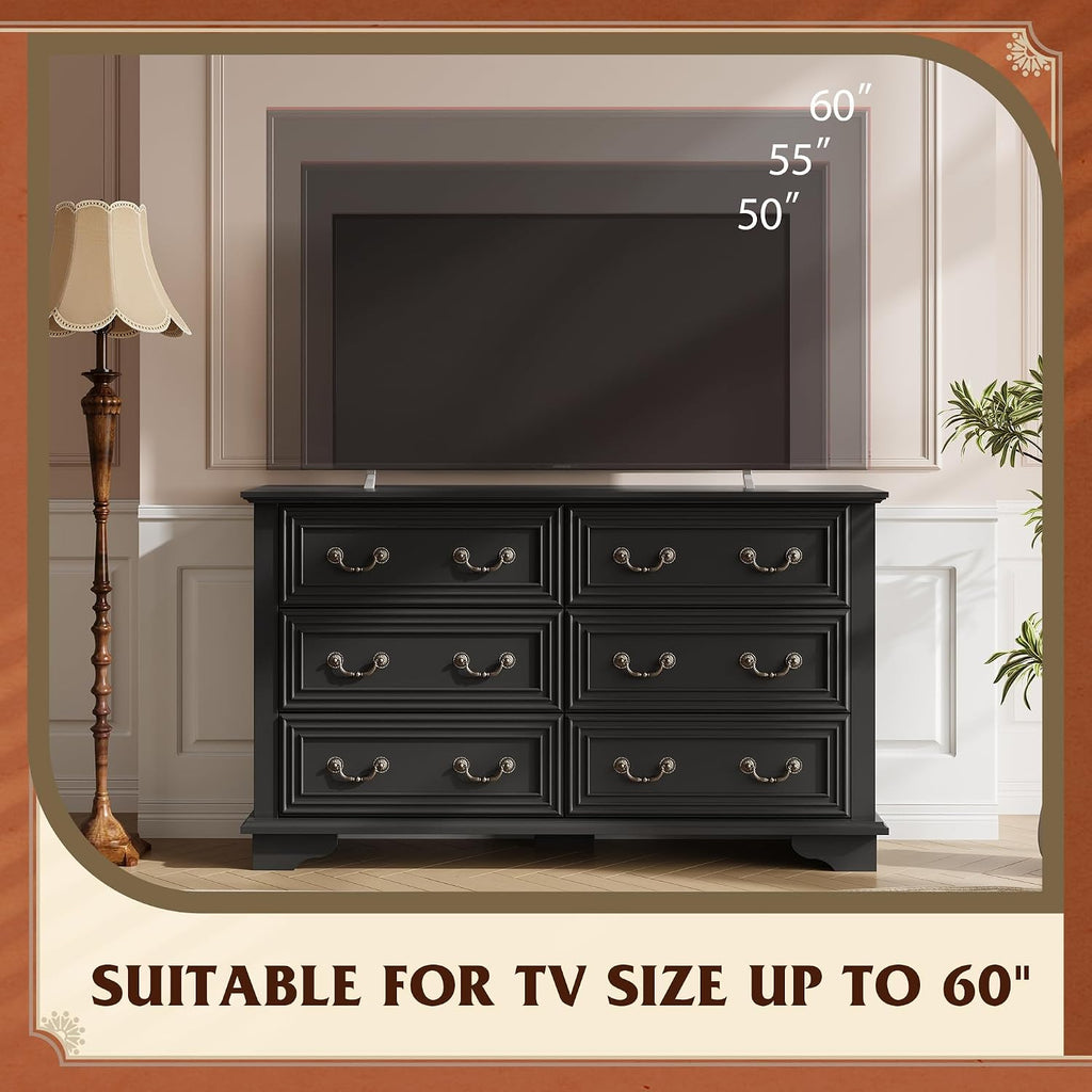 WLIVE Farmhouse Dresser for Bedroom, 51.97'' Wide Wood 6 Drawer Dresser, Chest of Drawers with Roman Metal Handle, TV Stand for 60 inch TV, for Living Room, Hallway, Black
