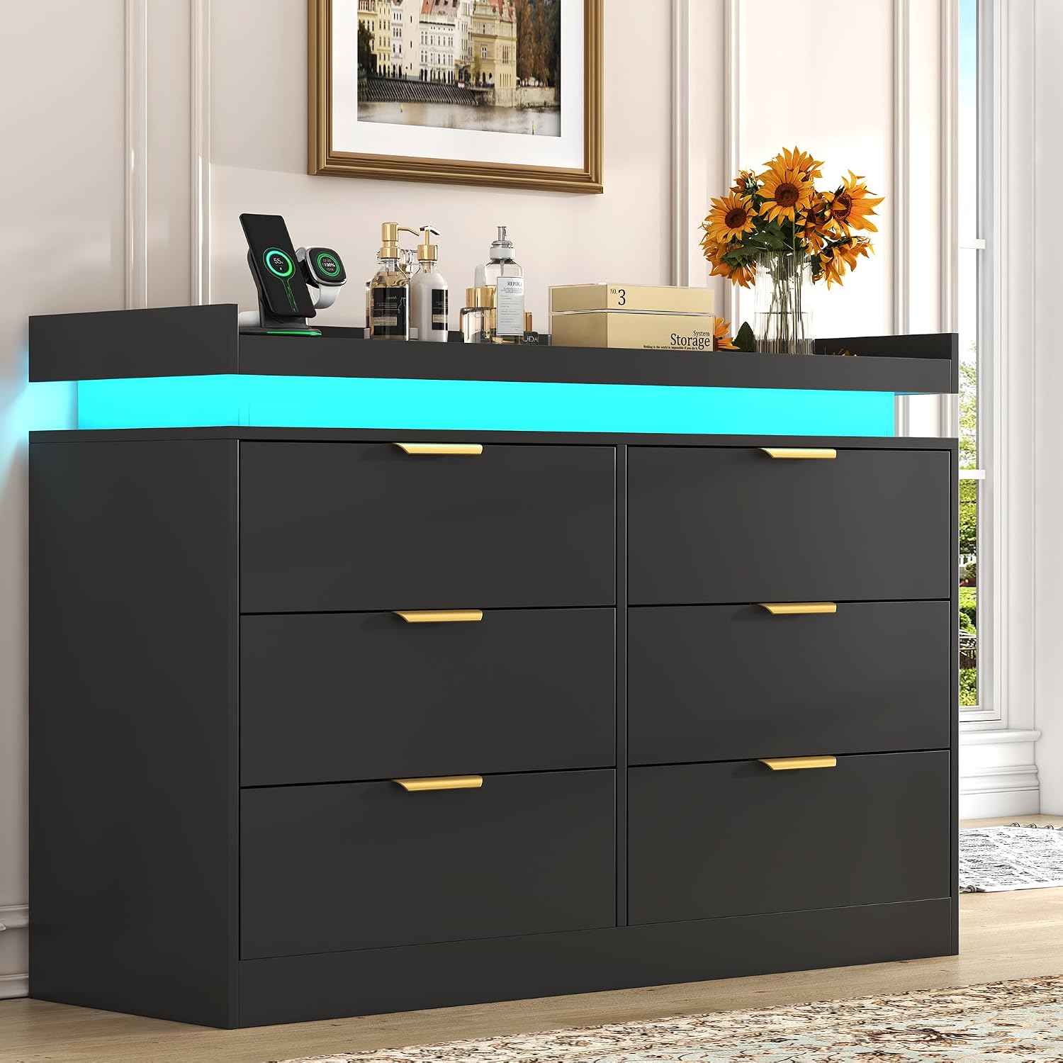 UNIQUITE 6 Drawer Dresser for Bedroom, Black Dresser with LED Lights and Power Outlet, Wooden Dressers Chests of Drawers, Double Wide Dressers for Bedroom, Entryway, Hallway