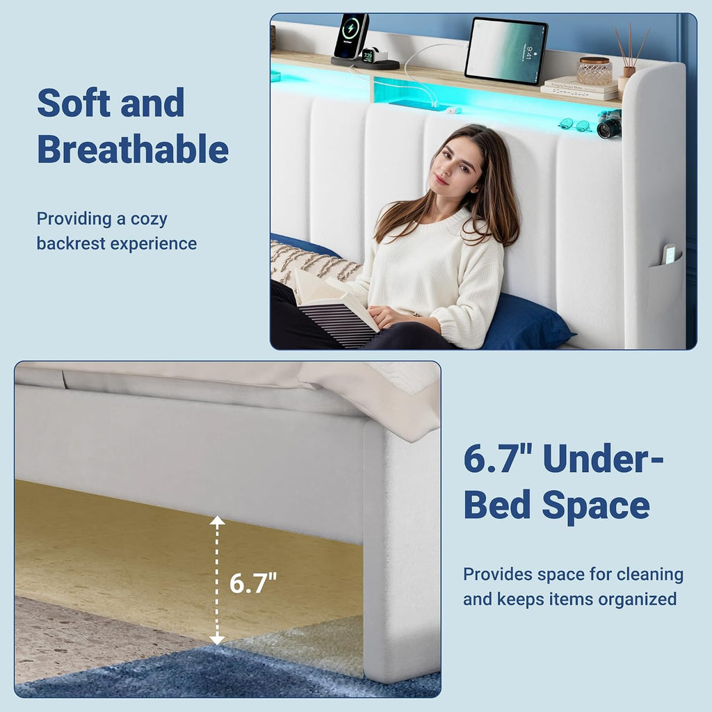 Allewie King Size Bed Frame with 2-Tier LED Storage Headboard, Velvet Upholstered King Platform Bed with 2 Storage Drawers, USB & Type-C Charging Ports, Noise-Free/No Box Spring Needed, White