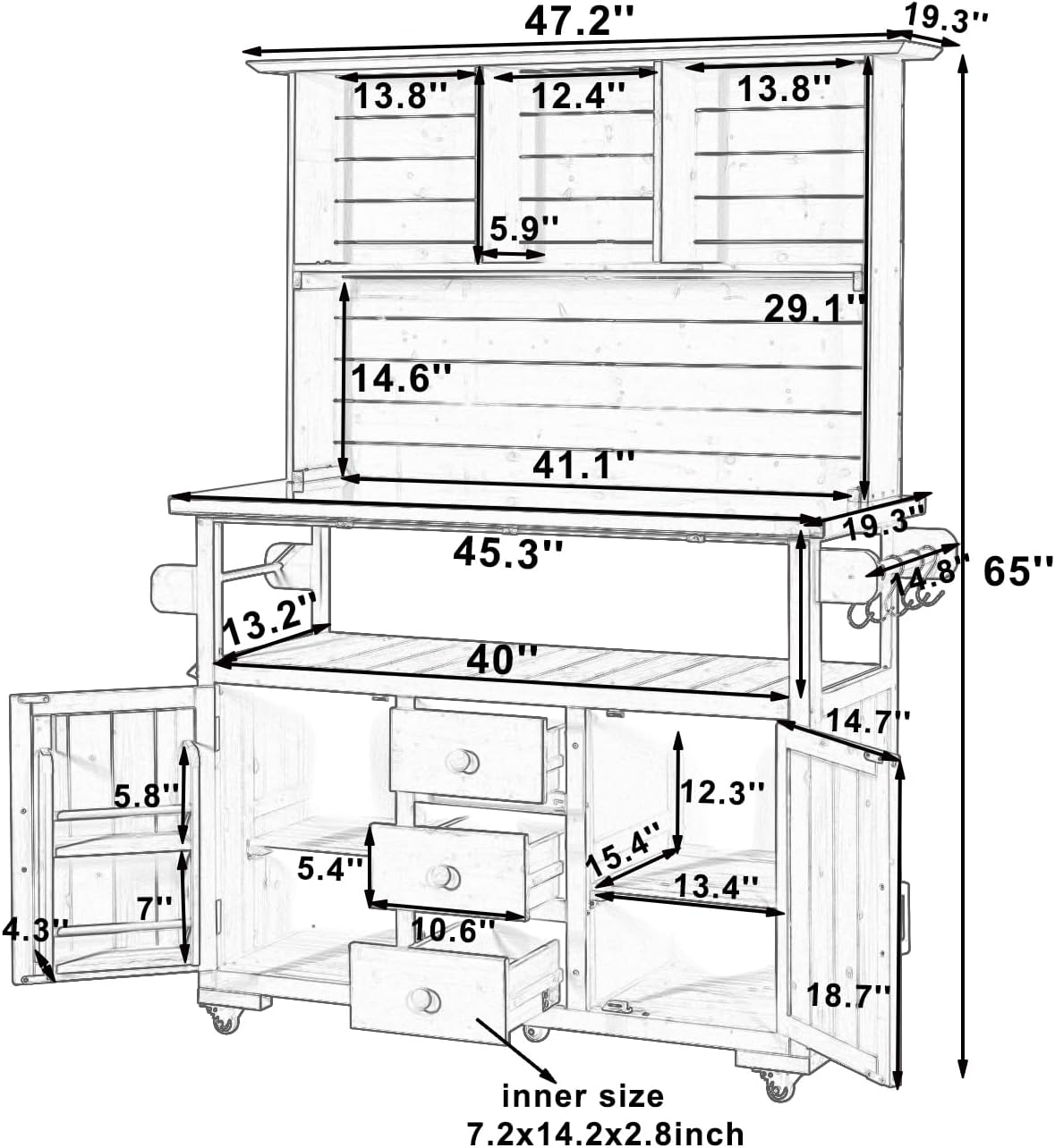 65' Outdoor Potting Bench with Stainless Steel Top, Rolling Garden Potting Table with Storage, Drawers & Cabinets, Patio Kitchen Island for Grilling, Natural Wood (Gray)