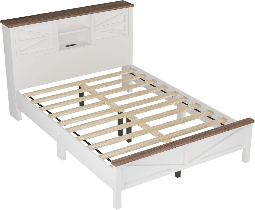 SOFTSEA Farmhouse 3 Piece Queen Size Bedroom Set, Wood Platform Bed with Sliding Door Storage Headboard & Charging Station, Nightstand and Dresser, White