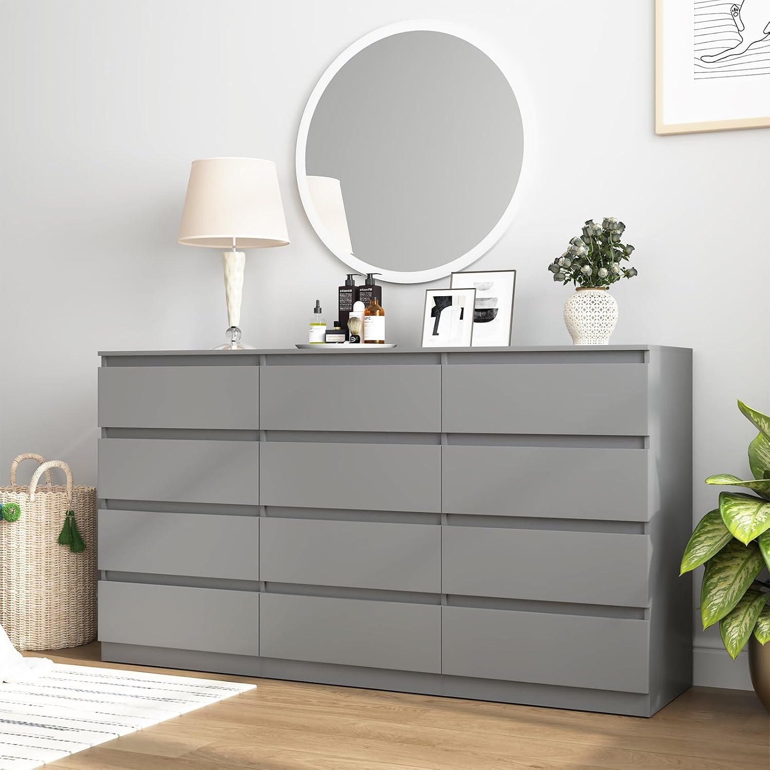 Vibe & Dine 12 Drawer Dresser, Grey Dressers for Bedroom Free Handle, Modern Chest of Drawers with Wide Storage for Closet, Living Room, Hallway