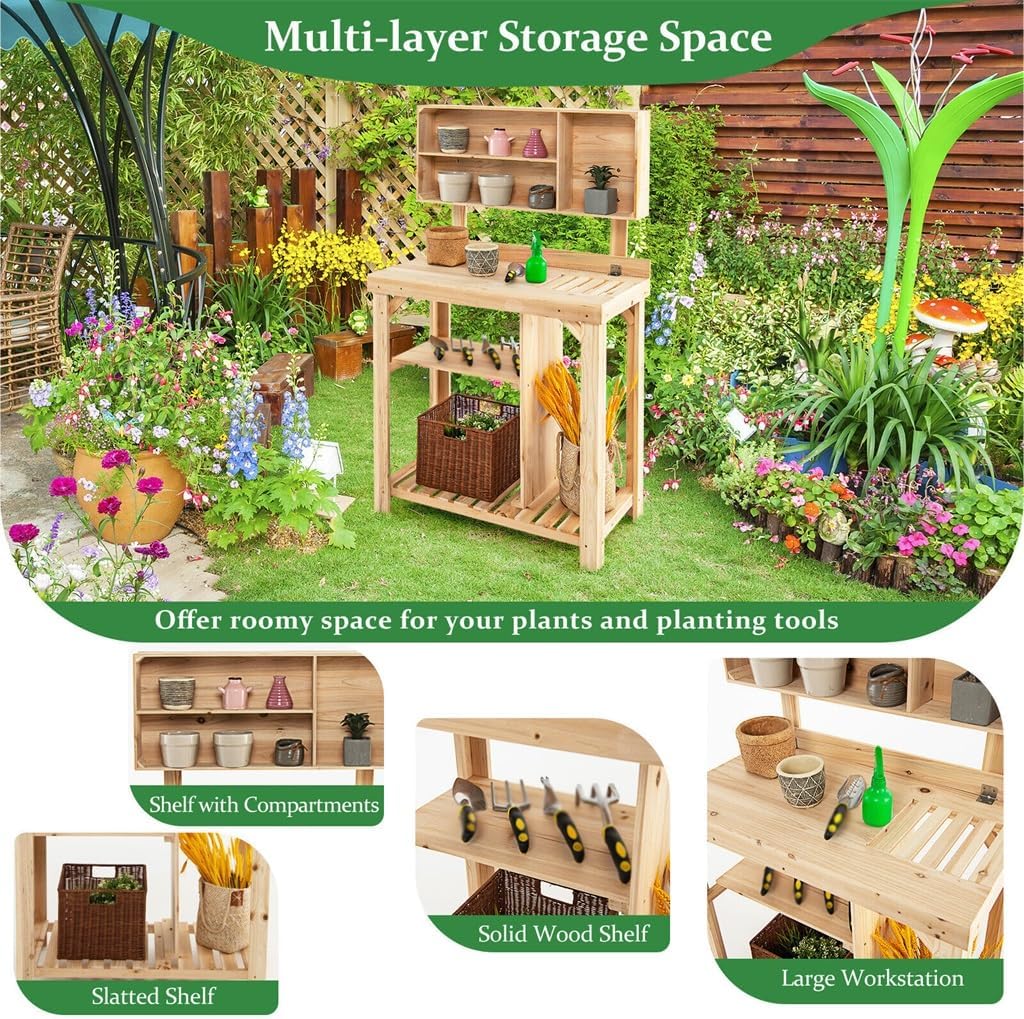 Garden Potting Table Outdoor Bench Wooden Workstation W/Storage Shelf