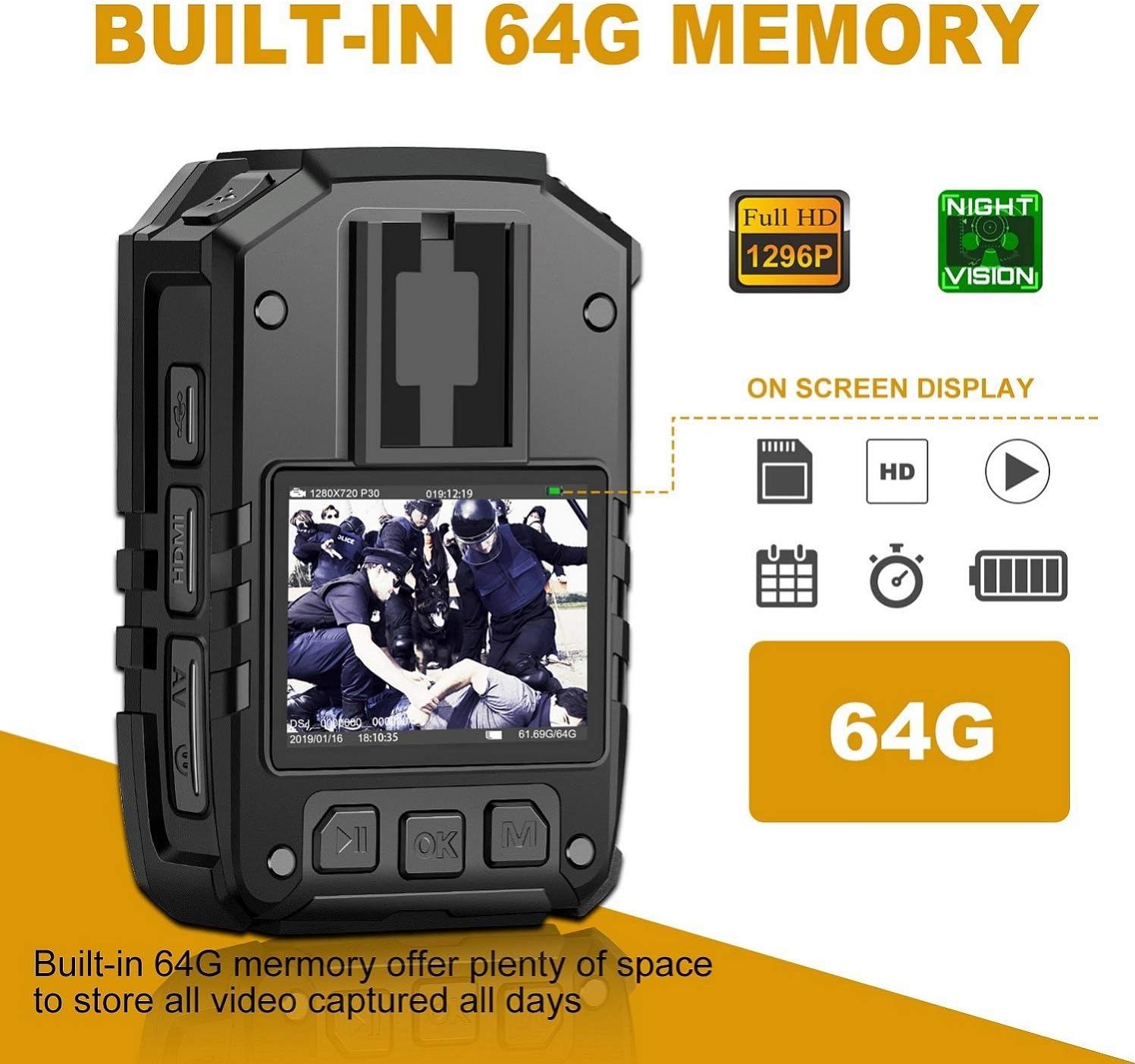 1296P HD Police Body Camera,64G Memory,CammPro I826 Premium Portable Body Camera,Waterproof Body-Worn Camera,Night Vision,GPS for Law Enforcement Recorder,Security Guards,Personal Use1