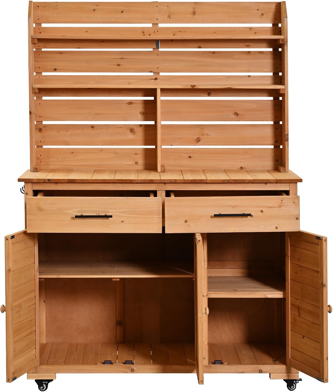 65''H Large Garden Potting Bench with Lockable Wheels and Storage,Wood Outdoor Kitchen Island Prep Cart with Hutch Top,Drawers and Removal Shelves for Grilling (Natural-LG)