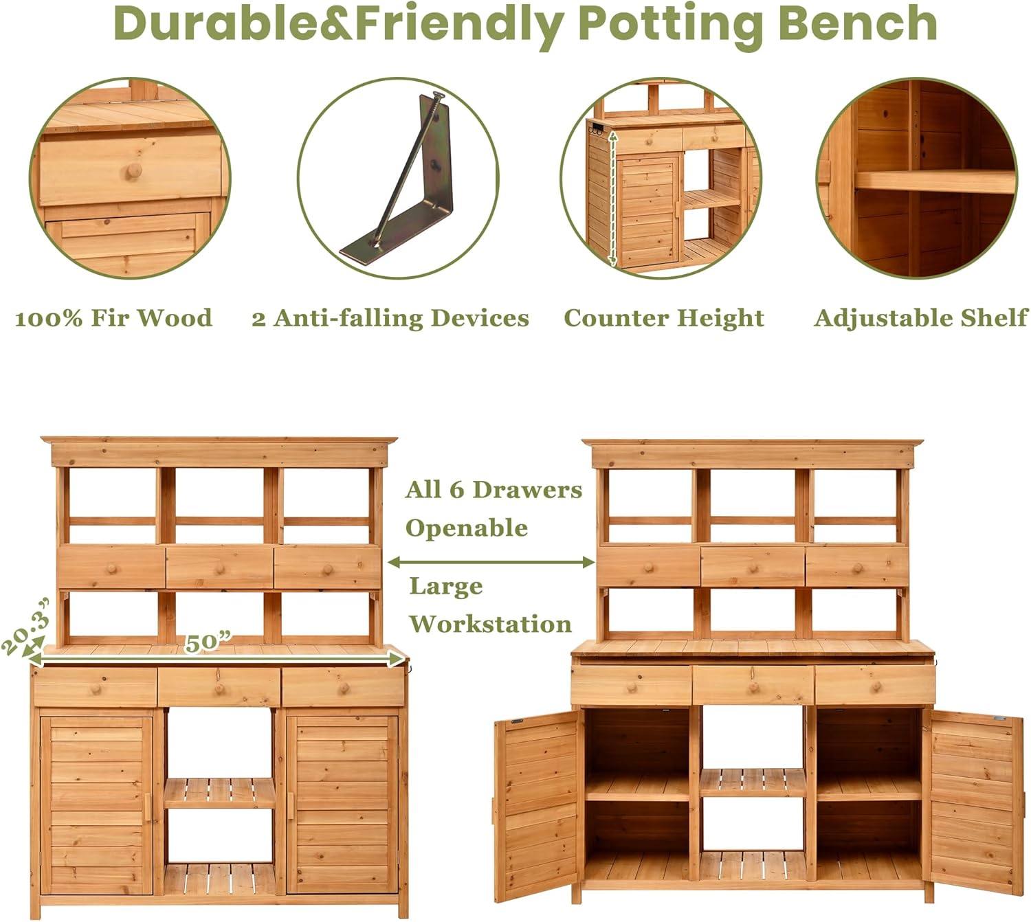 Tall Garden Potting Bench with Hutch Large Garden Outdoor Work Bench with 3 Shelves, 6 Drawers, 2 Bottom Cabinets & Side Hooks Patio Storage Workstation for Mudroom and Doorway - Natural