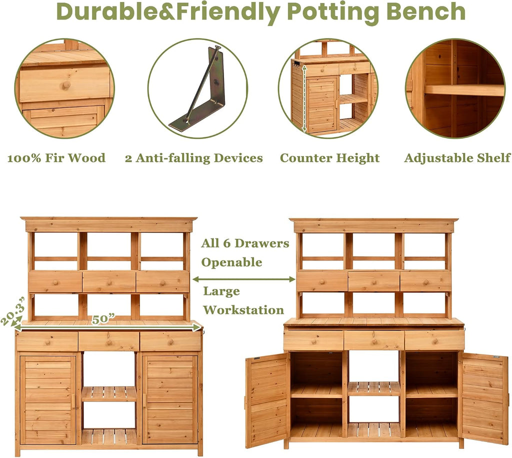 65.7' H Potting Bench with Hutch and Storage, Garden Workbench Table, Patio Station with 6 Drawers, 2 Cabinets, 3 Shelves & Hooks for Mudroom, Entryway and Garage, Natura