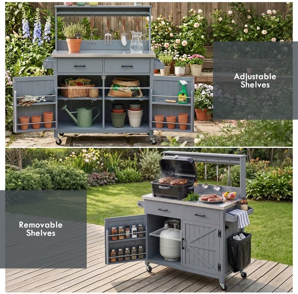 53.2' Outdoor Grill Cart with High Shelf, Large Kitchen Island with Stainless Steel Top, Storage Cabinets & Lockable Wheels, Mobile Potting Bench Table for BBQ & Garden (Grey+Blue)