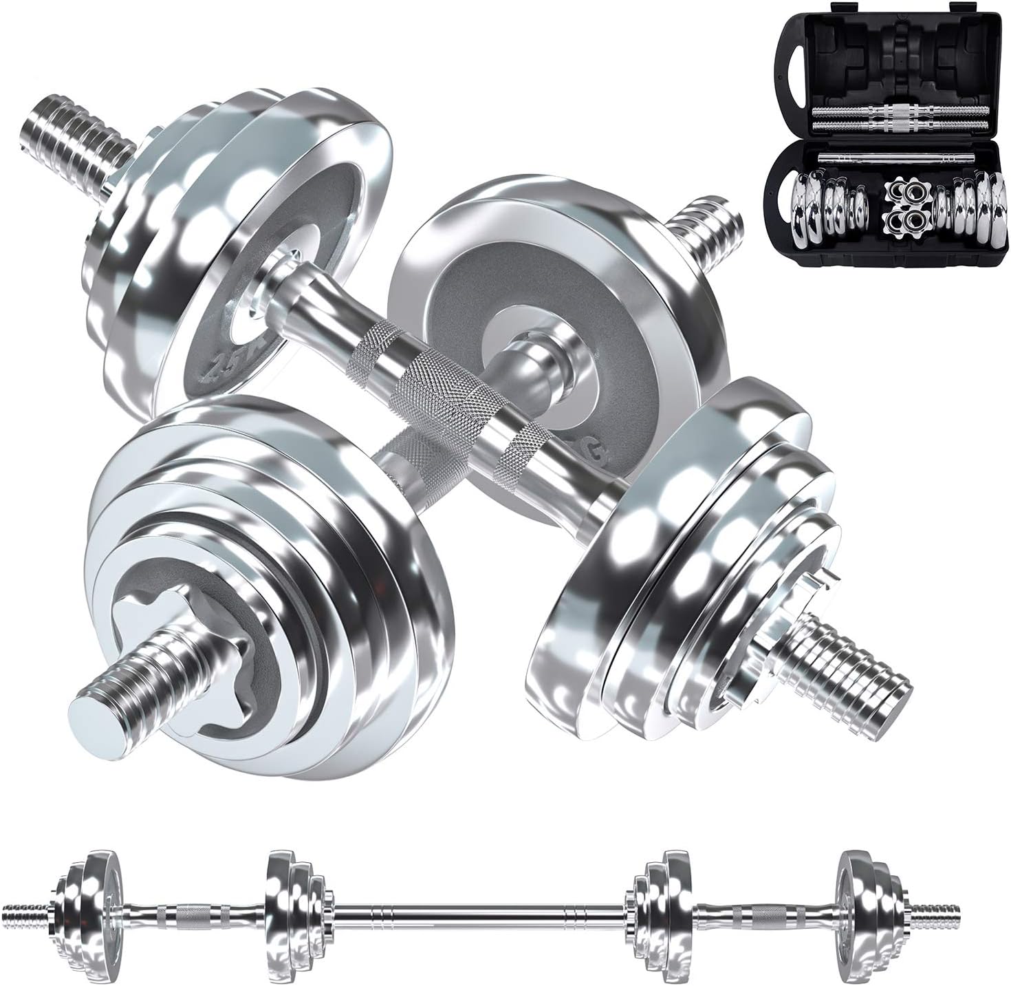 VIVITORY Fitness Dumbbells Set, Adjustable Weight Sets up to 11/22/44/66/100 lbs, with Metal Connecting Rod Used As Barbell, Chromed Weights, Hardcover Gift Box, Home Gym Work Out Training Equipment