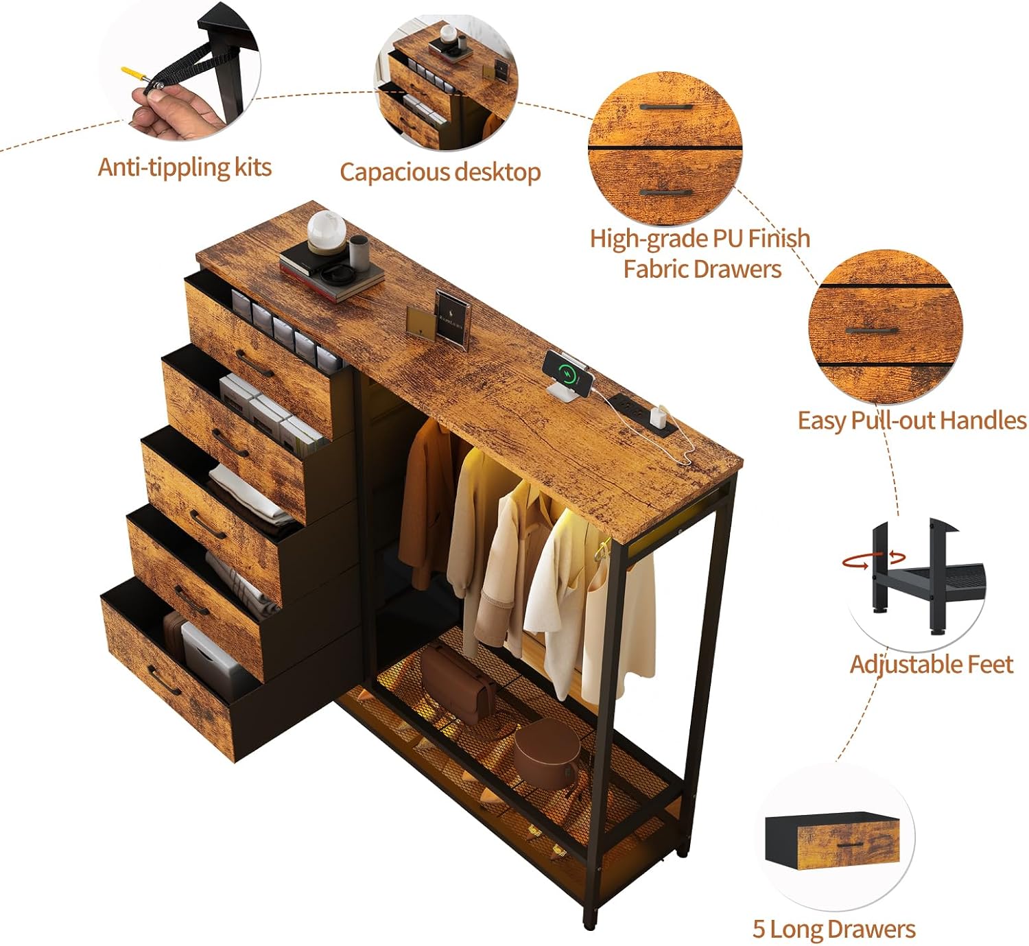 Dresser for Bedroom, Dresser with Hanging Rack Led Lights and Charging Station, Bedroom Dresser with 5 Fabric Chest of Drawers with PU Finish Storage Organizer, for Living Room Hallway Closet, Brown