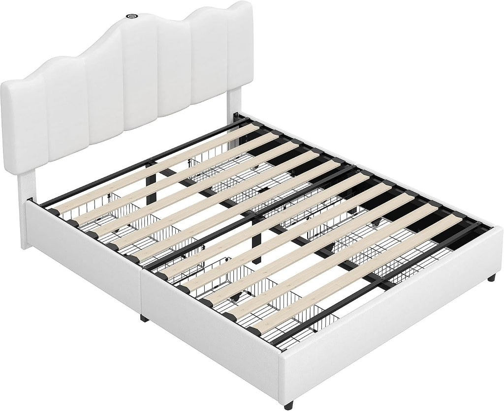 VECELO Queen Size Platform Bed Frame with Type-C & USB Charging Stations/4 Storage Drawers, Upholstered Adjustable Headboard, Strong Wooden Slats Support, No Box Spring Needed, Easy Assembly