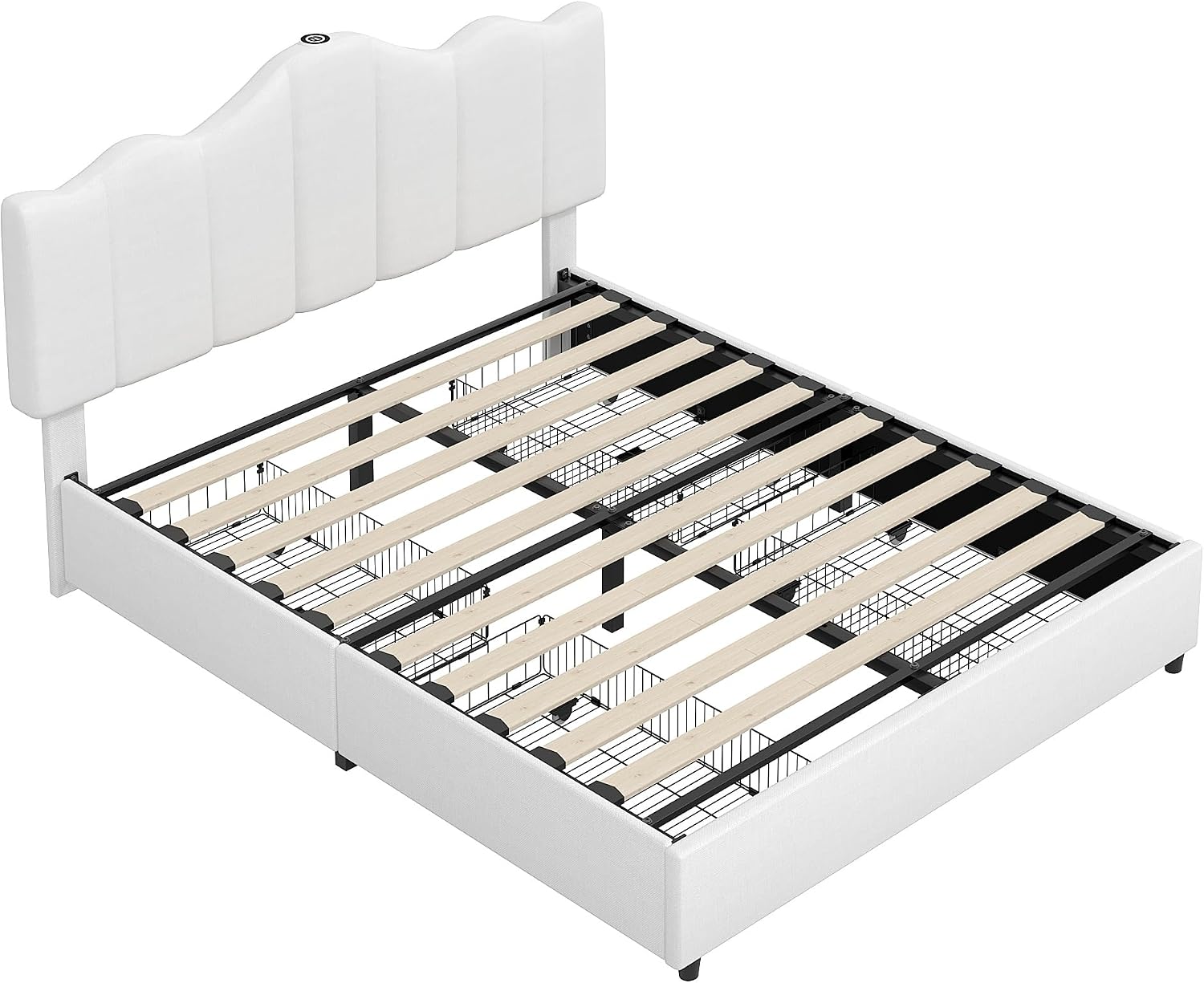 VECELO Queen Size Platform Bed Frame with Type-C & USB Charging Stations/4 Storage Drawers, Upholstered Adjustable Headboard, Strong Wooden Slats Support, No Box Spring Needed, Easy Assembly