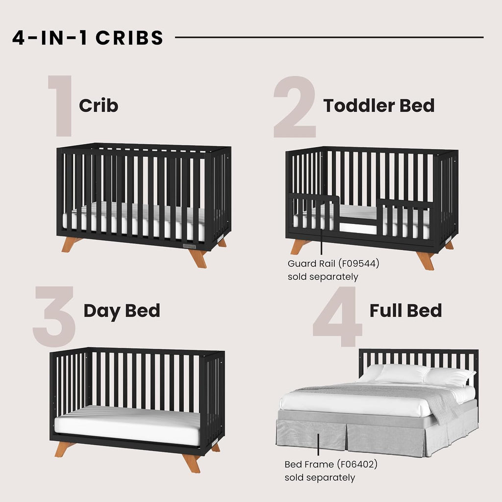 Child Craft Soho Design 4-in-1 Convertible Baby Crib Nursery Furniture Set - Baby Bed, 3 Drawer Dresser, Chest Drawer and Nightstand Desk for Babies, Toddlers and Kids (4 Piece - Ebony)