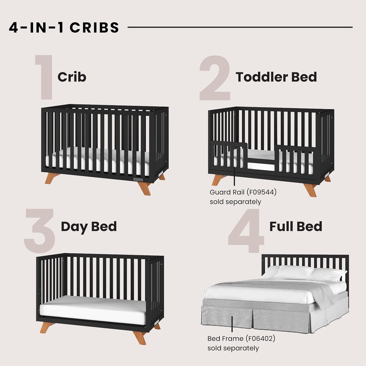 Child Craft Soho Design 4-in-1 Convertible Baby Crib Nursery Furniture Set - Baby Bed, 3 Drawer Dresser, Chest Drawer and Nightstand Desk for Babies, Toddlers and Kids (4 Piece - Ebony)