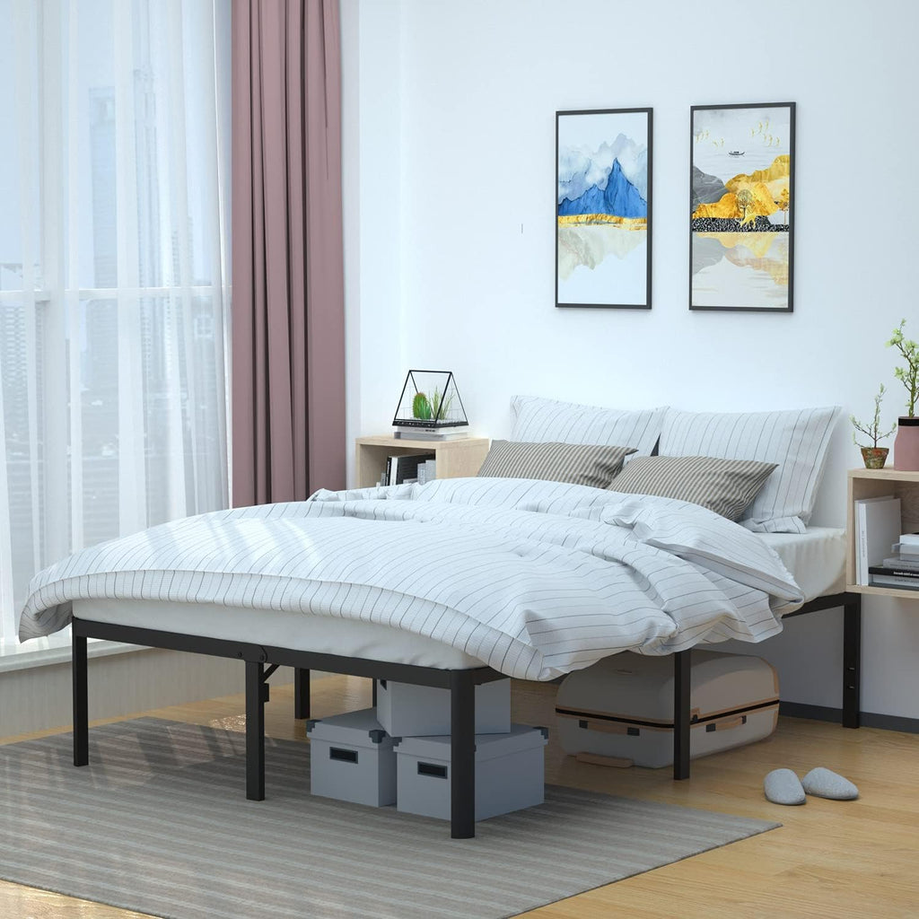 Amazon Basics Heavy-Duty Non-Slip Bed Frame with Steel Slats, 18' Height for Storage Space, Sturdy Support for Mattress, Easy Assembly, Queen, Black