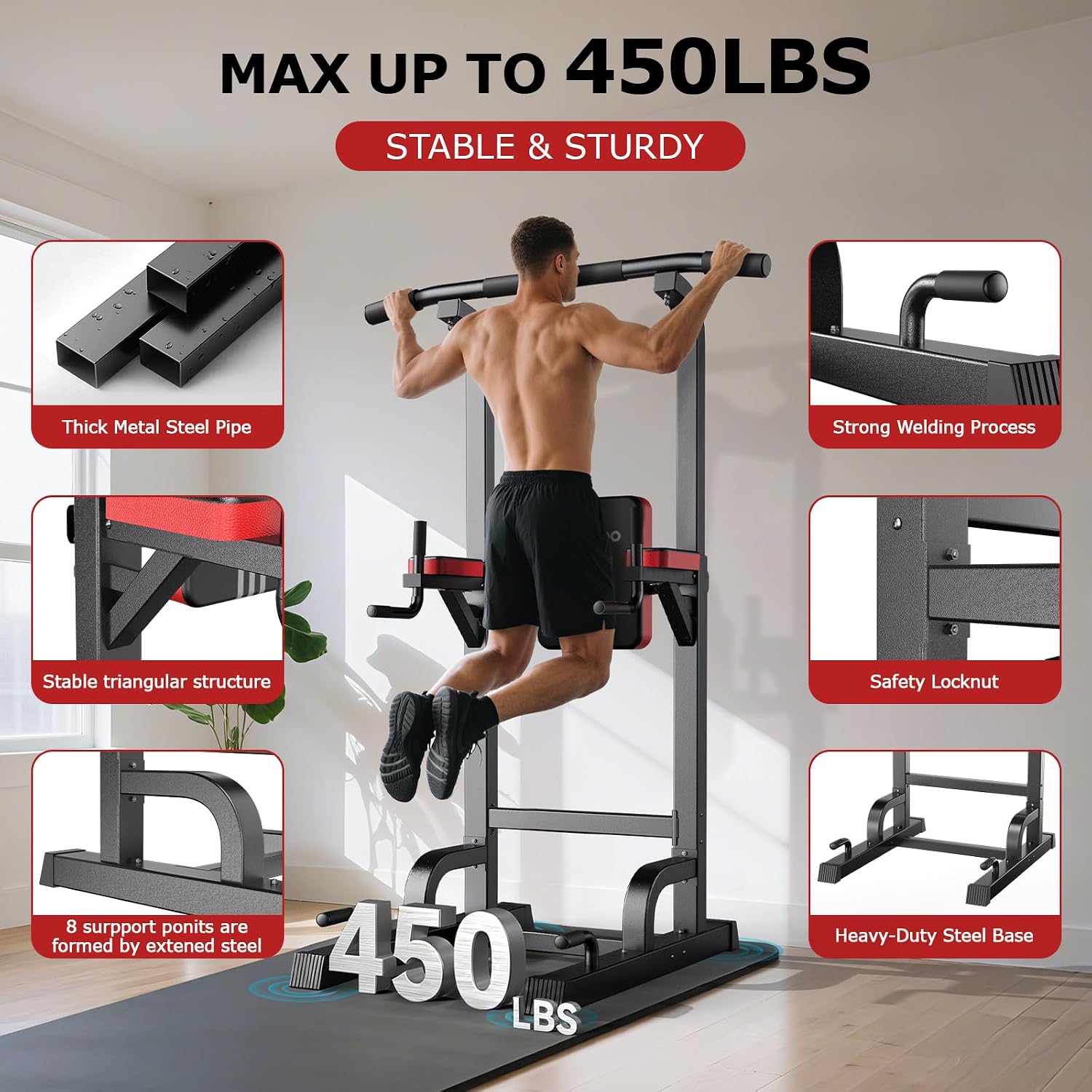 Pooboo Power Tower Dip Station Pull Up Bar for Fitness Home Gym Workout,450 Pounds Multi-Function Adjustable Height Fitness Strength Training Exercise Equipment,with Power Elastic Ropes