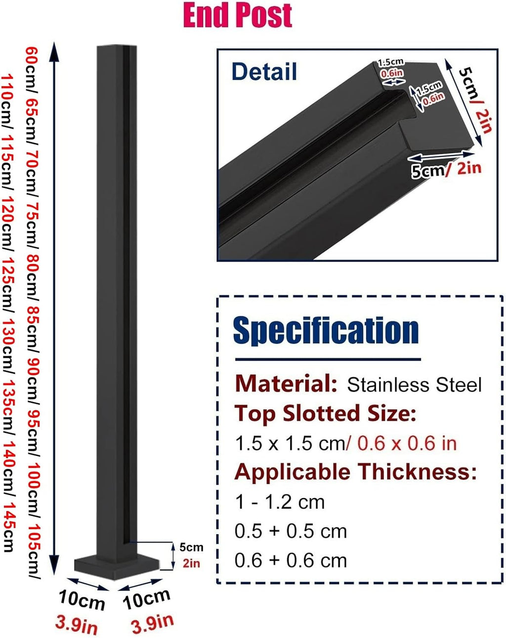 Heavy Duty Glass Balustrade Railing Post, Black Square Hallway Handrail Kit for Glass/Plastic/Wood/Acrylic Panel, Easy to Install (Color : Deep Coffee, Size : Height-65cm/25.6in)