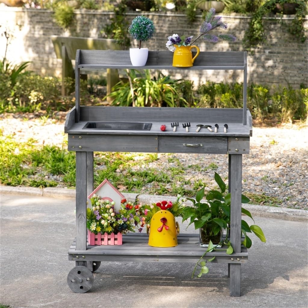 36'' Wooden Potting Bench Work Table W/ 2 Removable Wheels,Sink,Drawer Large Storage Spaces,for Outdoor Backyard Gardens