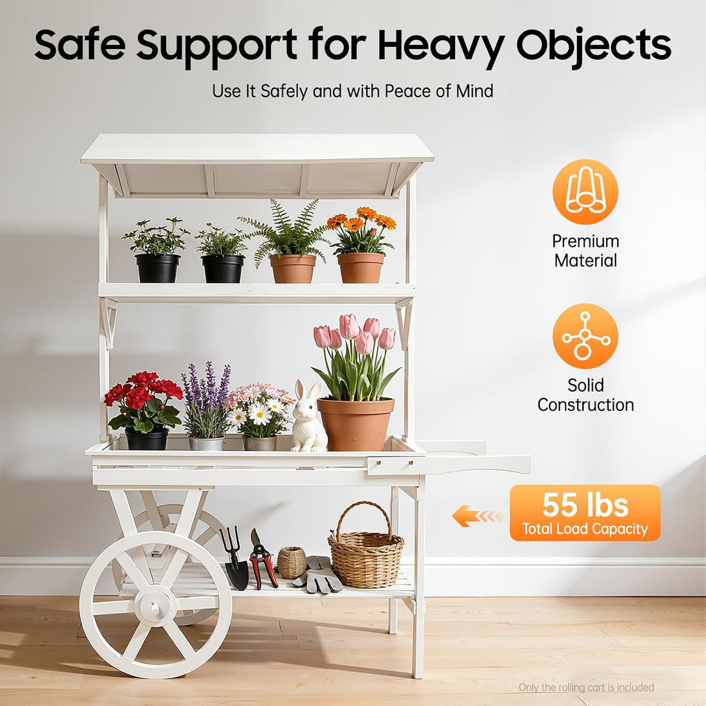 Large Country Market Wooden Rolling Table Cart, Antique Solid Wood Decor Display Rack Cart with Wheels, Rolling Table Carts for Display Various Flowers and Candy (White)