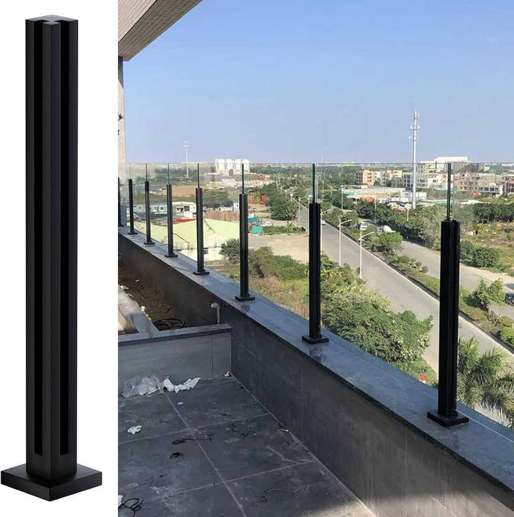 Black Glass Railing Post, 304 Stainless Steel Glass Railing with Spigot Slots & Base, Heavy-Duty Glass Clamp Bracket for Deck Balusters, Balcony, Patio, Stairs(Corner Post,Height-85cm/33.5in)