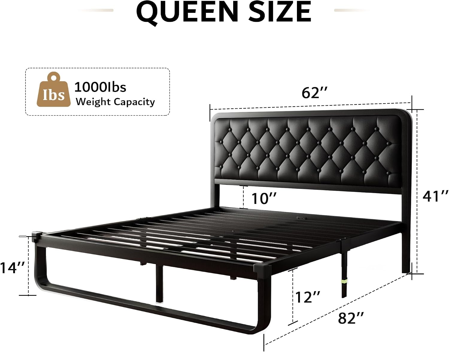 iPormis Queen Bed Frame with Headboard Faux Leather Upholstered Bed Frame Platform, All Metal Slats Support Platform Bed Frame with 12' Under Bed Space, Noise Free, No Box Spring Needed, Black