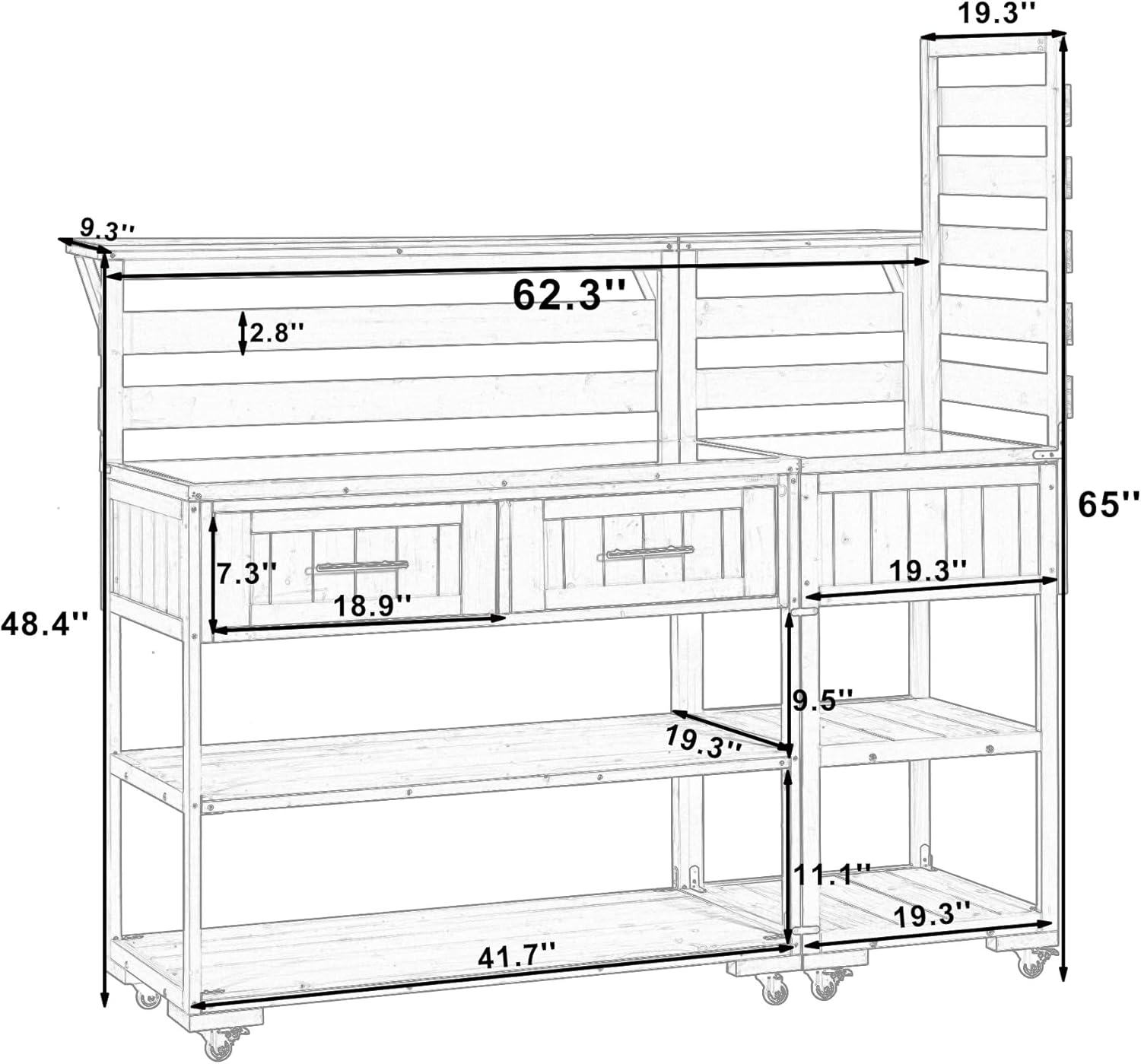Patio Potting Bench Table with Stainless Table Top, Outdoor Large Garden Workstation on Wheels with Raised Shelf and Drawers for Backyard (Brown)