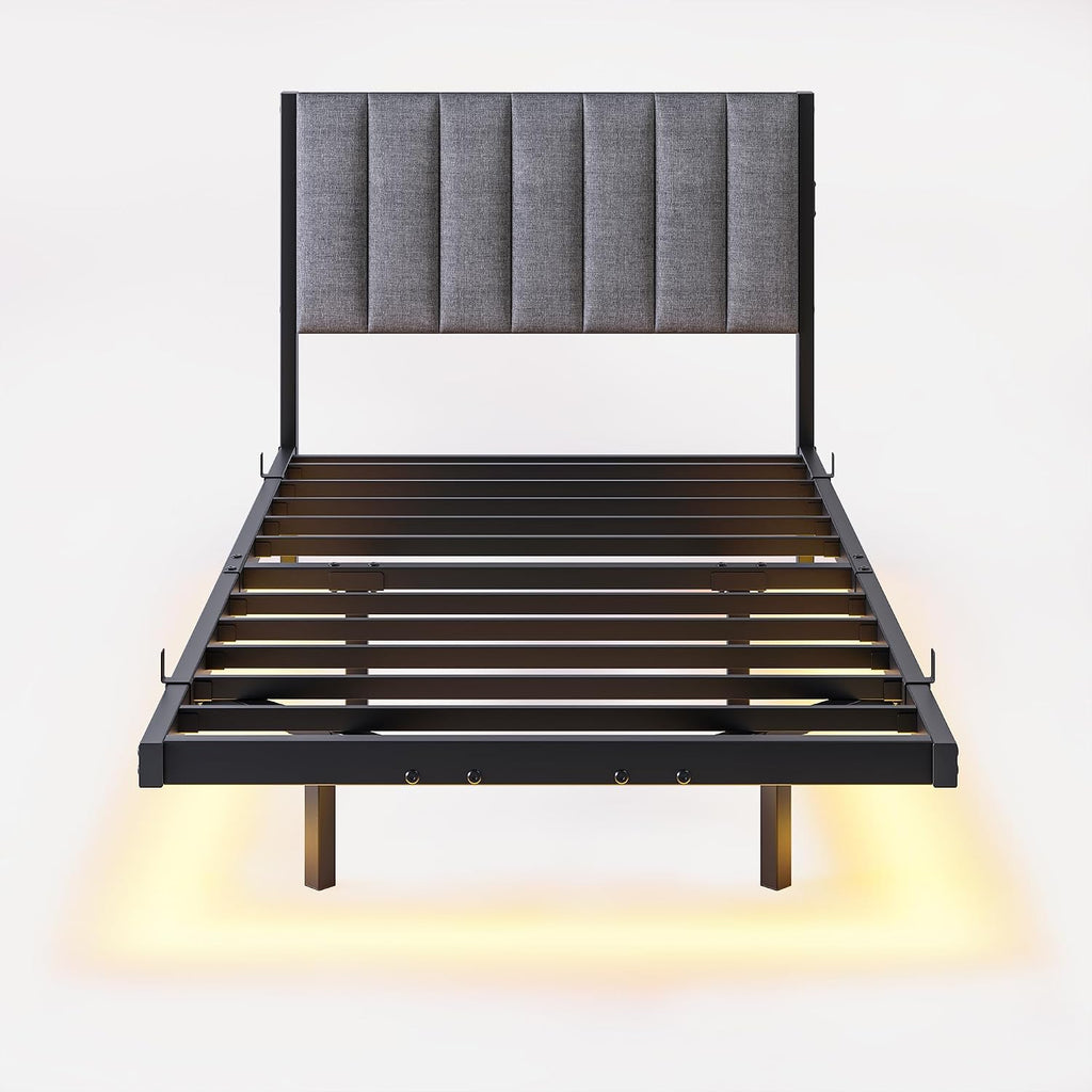 Floating Twin Bed Frame with LED Lights & USB Charging Station,Metal Platform Bed with Strong Slats Support,Floating Bed Frame Twin Size with Upholstered Headboard,Easy Assembly,Noise Free,Gray