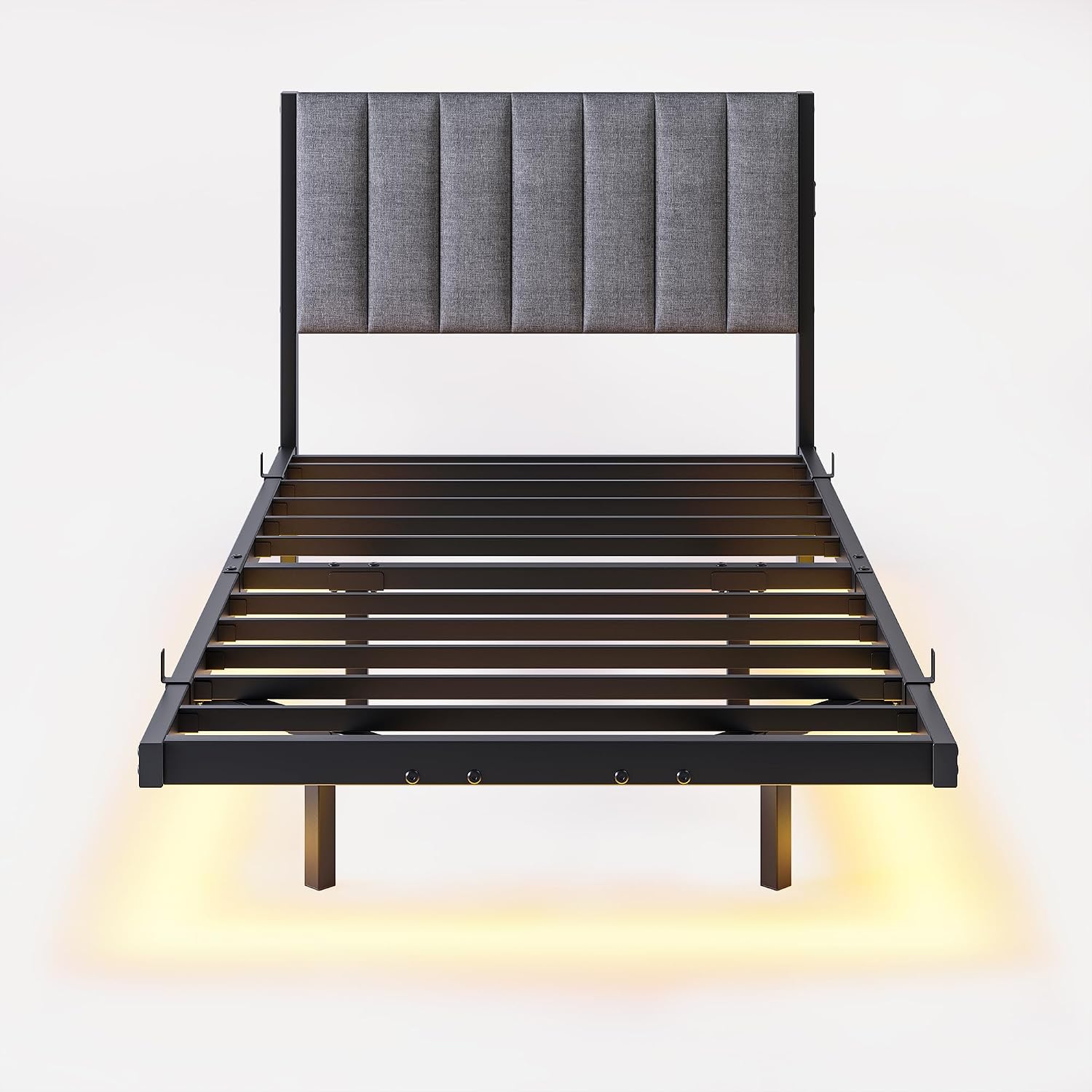 Floating Twin Bed Frame with LED Lights & USB Charging Station,Metal Platform Bed with Strong Slats Support,Floating Bed Frame Twin Size with Upholstered Headboard,Easy Assembly,Noise Free,Gray