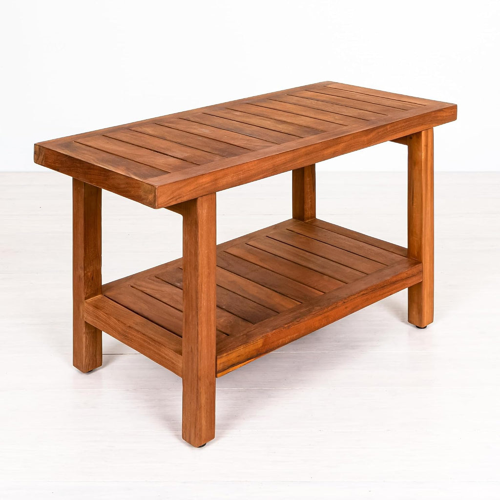 Best Home Fashion Teak Shower Bench Table with Shelf, Large Side Table for Bathroom and Spa - 14' W x 30' L x 18' H