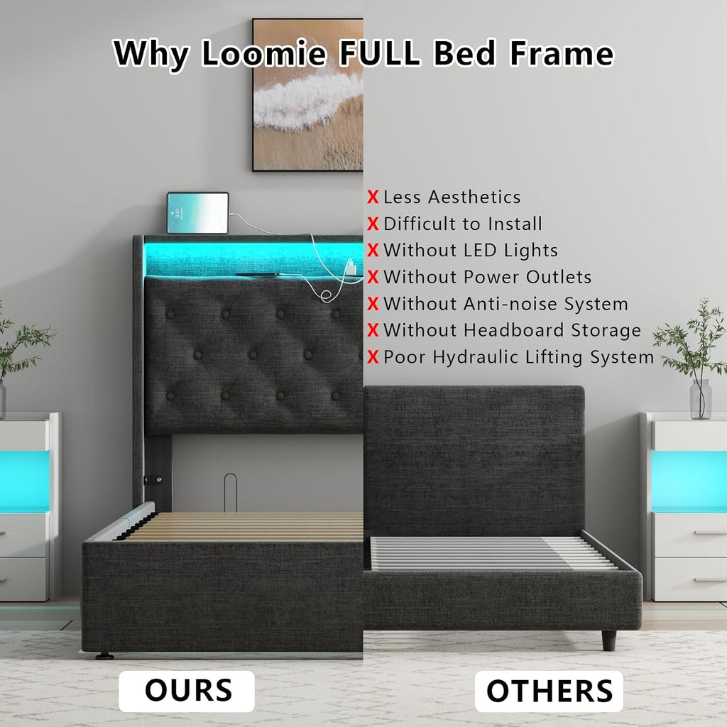 Loomie Full Lift Up Bed Frame with Charging Station & LED Lights, Upholstered Bed with Button Tufted Wingback Storage Headboard, Hydraulic Storage, No Box Spring Needed, Wood Slats Support,Dark Grey