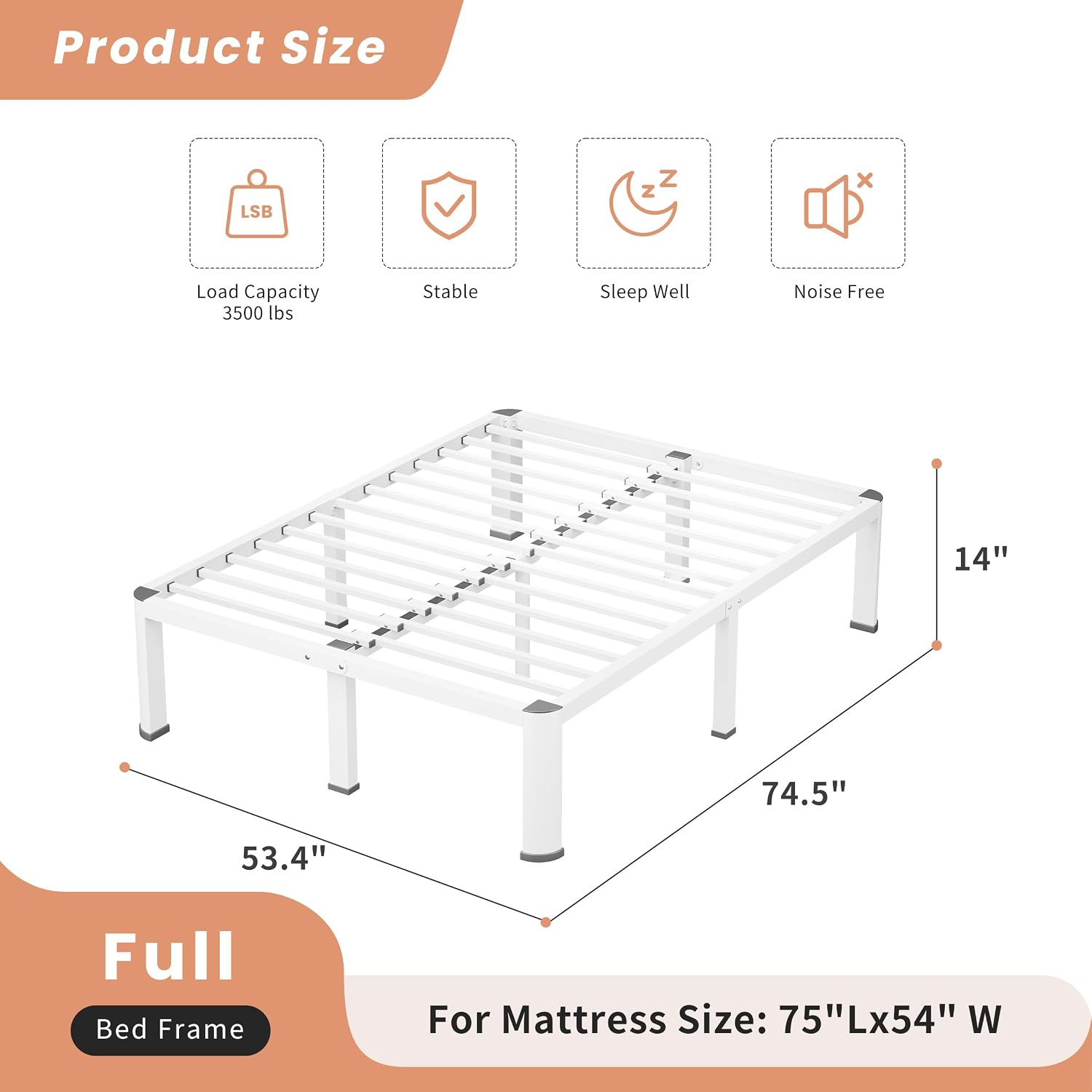 VIPSHOW 14 Inch White Full Heavy Duty 3500 lbs Bed Frame with Round-Corner Legs & Anti-Squeak Design – Quick Assembly Metal Platform, No Box Spring Needed