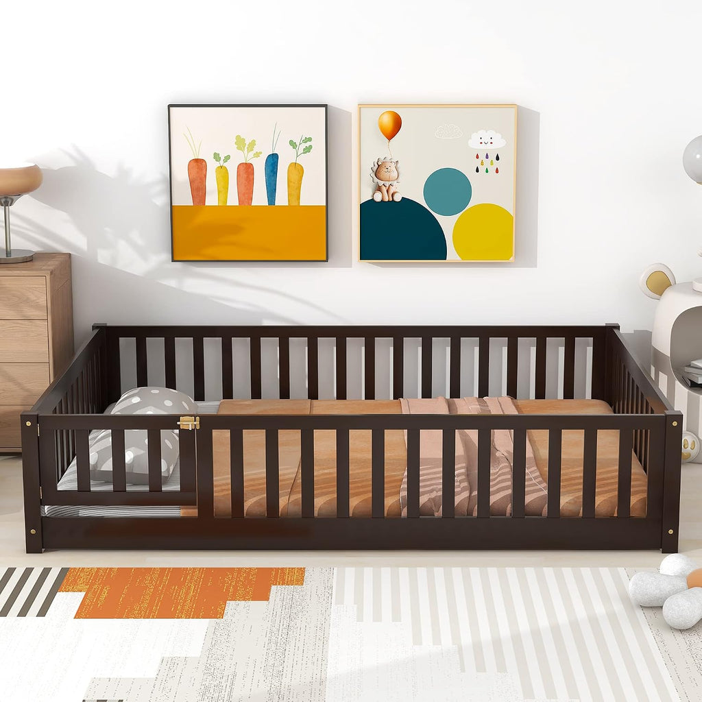 Bellemave Full Size Floor Bed with Door and Fence for Kids, Montessori Floor Bed with Slats and Safety Guardrails,Solid Wood Full Bed Frame for Girls Boys(Full,Espresso)