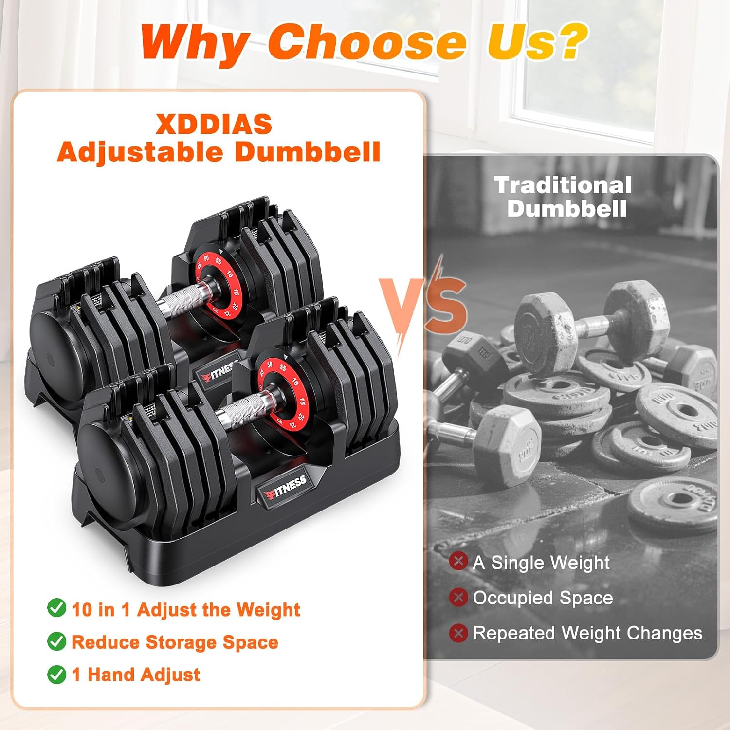 XDDIAS Adjustable Dumbbells Set of 2 for Strength Training, One-Hand Quick Adjust, 25/55/80/90 lbs Options, Anti-Slip Grip Handle, Compact Home Gym Weights for Men Women