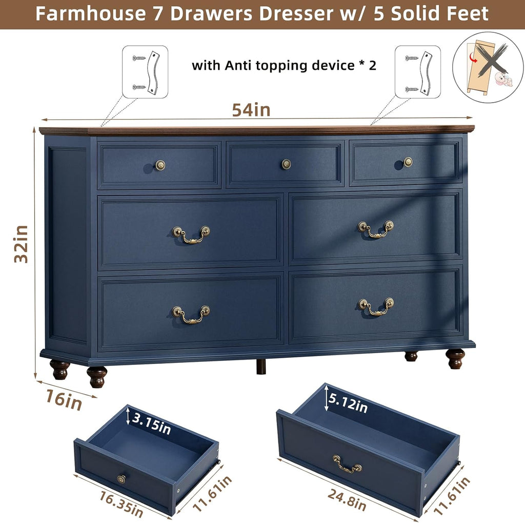 Joaxswe Farmhouse 54' 7 Drawers Dresser for Bedroom, Wide Chest of Drawers w/ 4 Wooden Legs, Vintage Rustic Large Closet Storage Dressers Organizer for Hallway, Wood TV Stand for Living Room, Blue