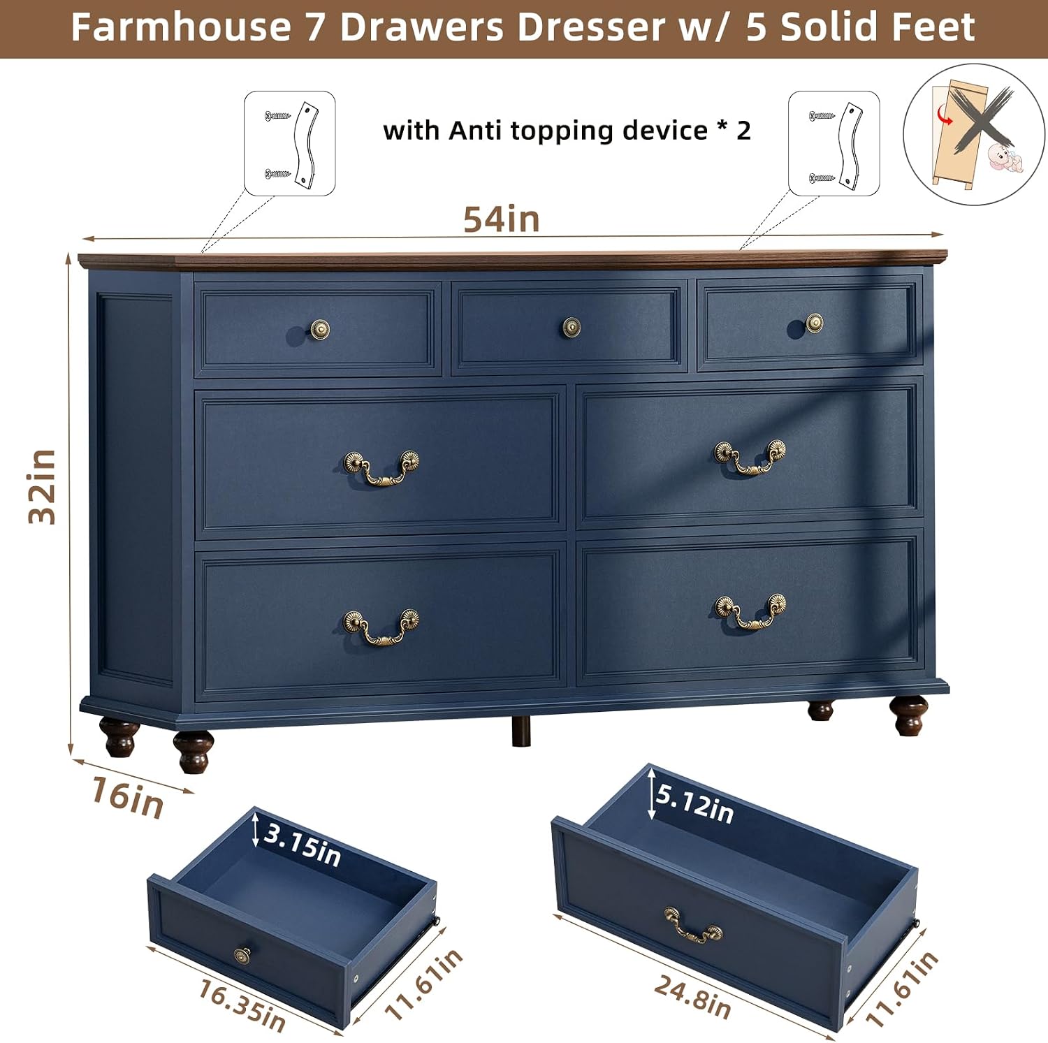 Joaxswe Farmhouse 54' 7 Drawers Dresser for Bedroom, Wide Chest of Drawers w/ 4 Wooden Legs, Vintage Rustic Large Closet Storage Dressers Organizer for Hallway, Wood TV Stand for Living Room, Blue