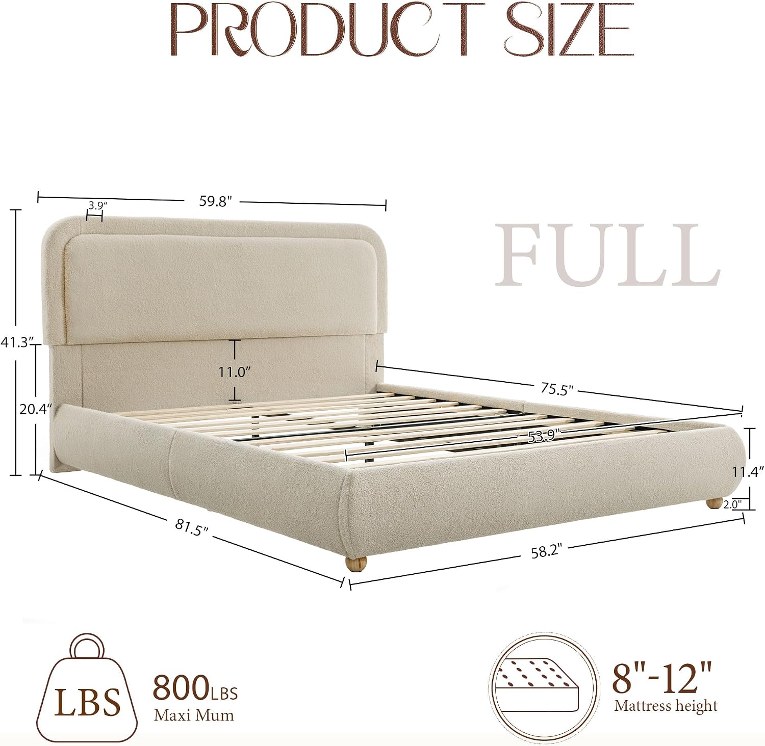 Yechen Boucle Cloud Full Bed Frame with Round Corner Headboard, Upholstered Soft Creamy Bedframe with Solid Wood Legs, Boho Fluffy Bed with Wooden Slats, Easy Assembly, No Box Spring Needed, Khaki