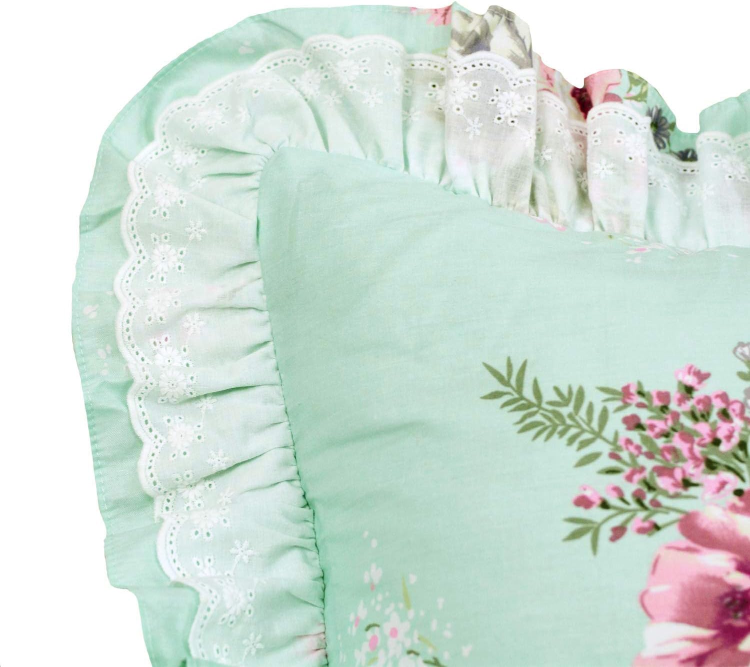 FADFAY Shabby Green Floral Bedding 100% Cotton Princess Lace Ruffle Girls Duvet Cover Set with Bedskirt, 4Pcs, King Size