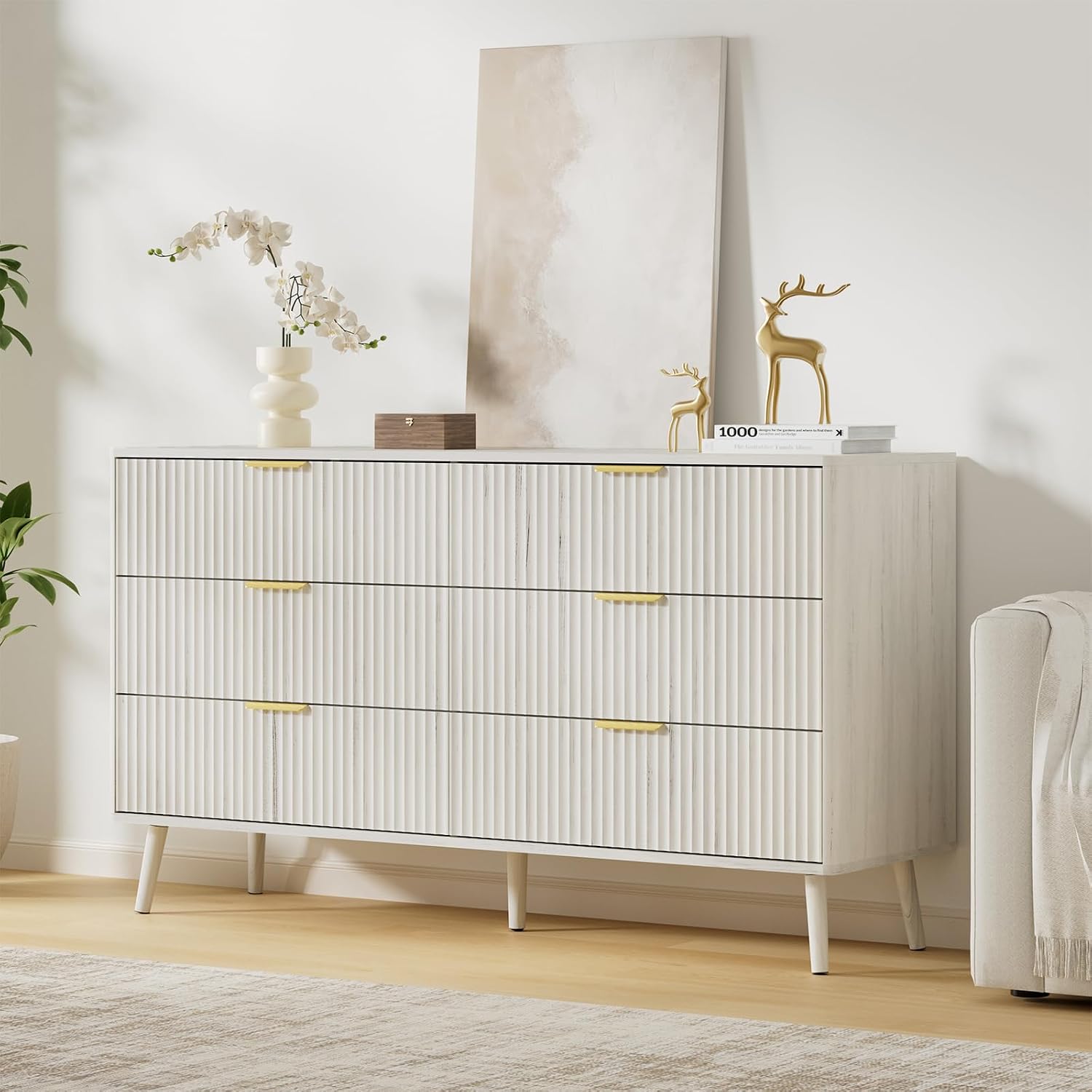 LYNSOM 55' Wide Fluted Dresser for Bedroom with 6 Drawer, Modern Chest of Drawers with Curved Profile Design and Metal Handles, Wood Dresser TV Stand & Storage Organizer for Living Room, White
