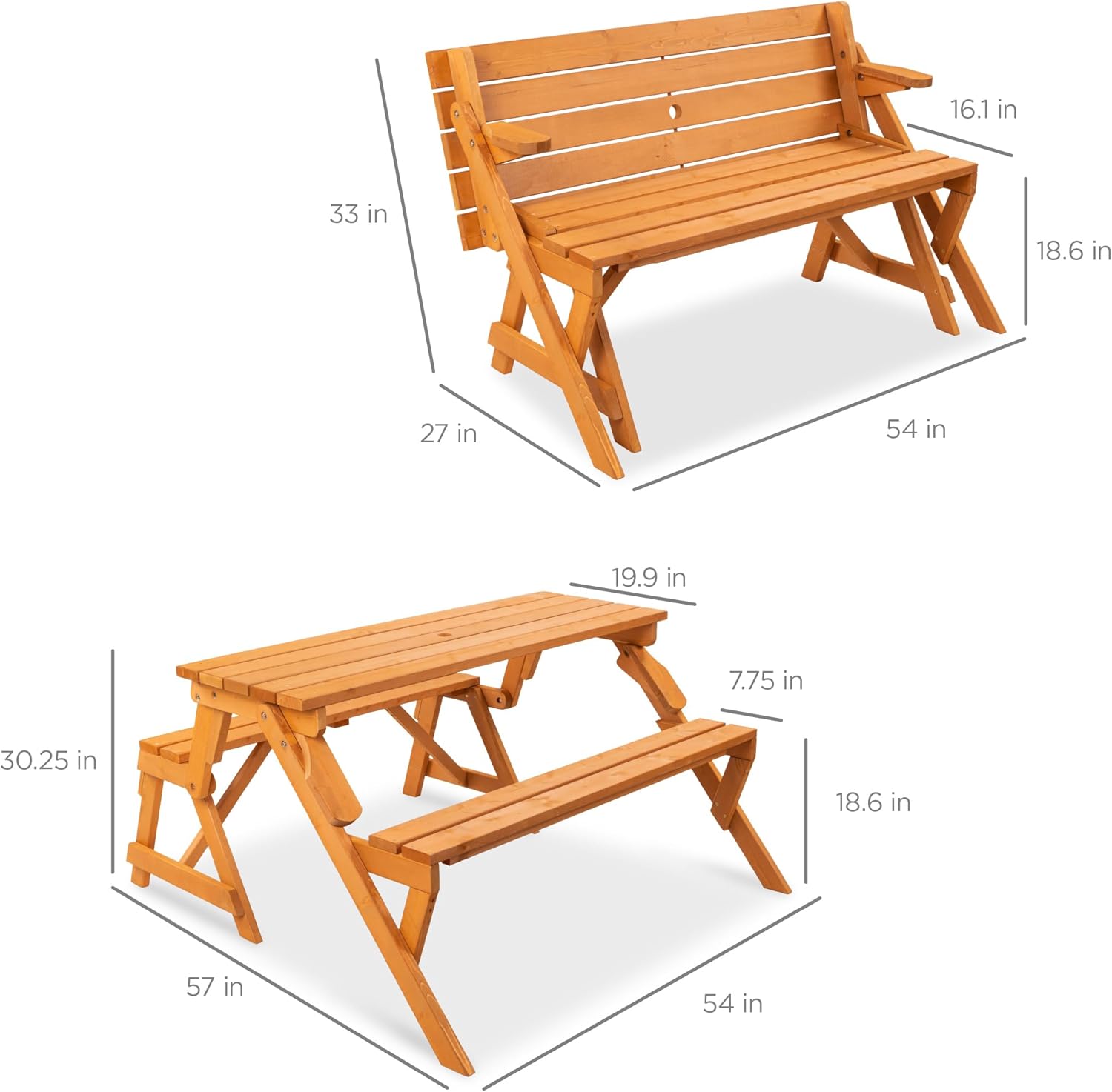 Best Choice Products 2-in-1 Transforming Interchangeable Outdoor Wooden Picnic Table Garden Bench for Backyard, Porch, Patio, Deck w/Umbrella Hole - Natural