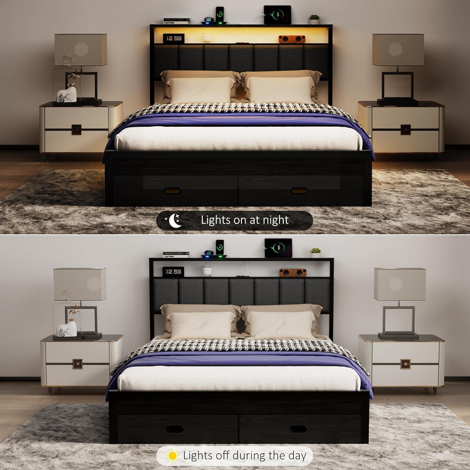 Full Bed Frames with Storage Drawer, Platform Bed with Charging Station and LED Lights, Upholstered Headboard with 2-Tier Storage Shelves, No Box Spring Needed