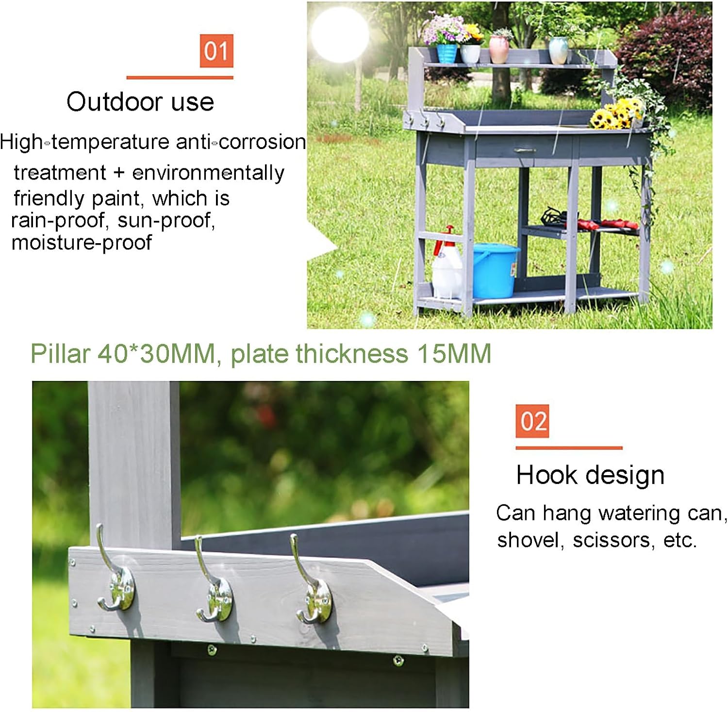 Garden Potting Bench Table, Wooden Workstation Table with Removable Stainless Steel Sink, Open Shelves, All-Weather Garden Table Work Station with Storage Drawers and Side Hooks(Color:Wood)