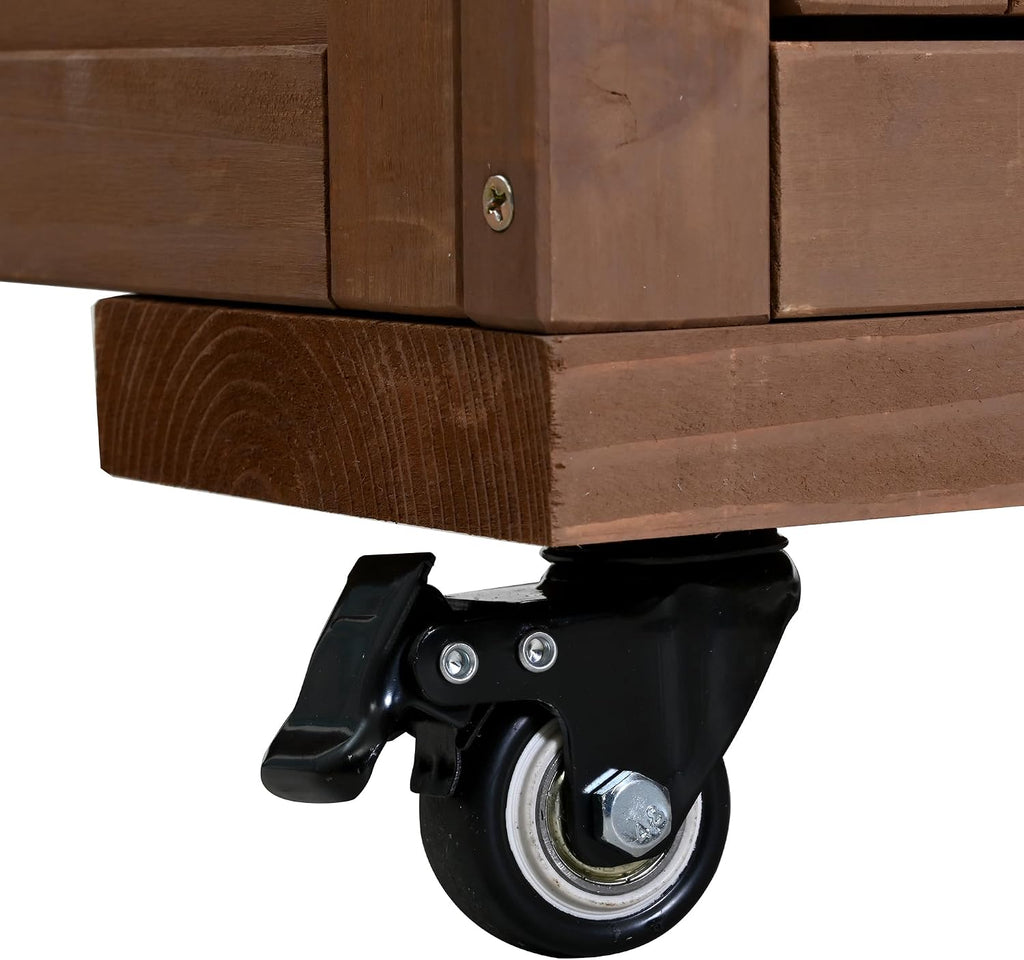 Polibi 65' H Large Garden Potting Bench with Lockable Wheels,Hutch Top & Storage Cabinet, Fir Wood Outdoor Kitchen Island Prep Cart with Drawers and Removable Shelves for Grilling, Brown