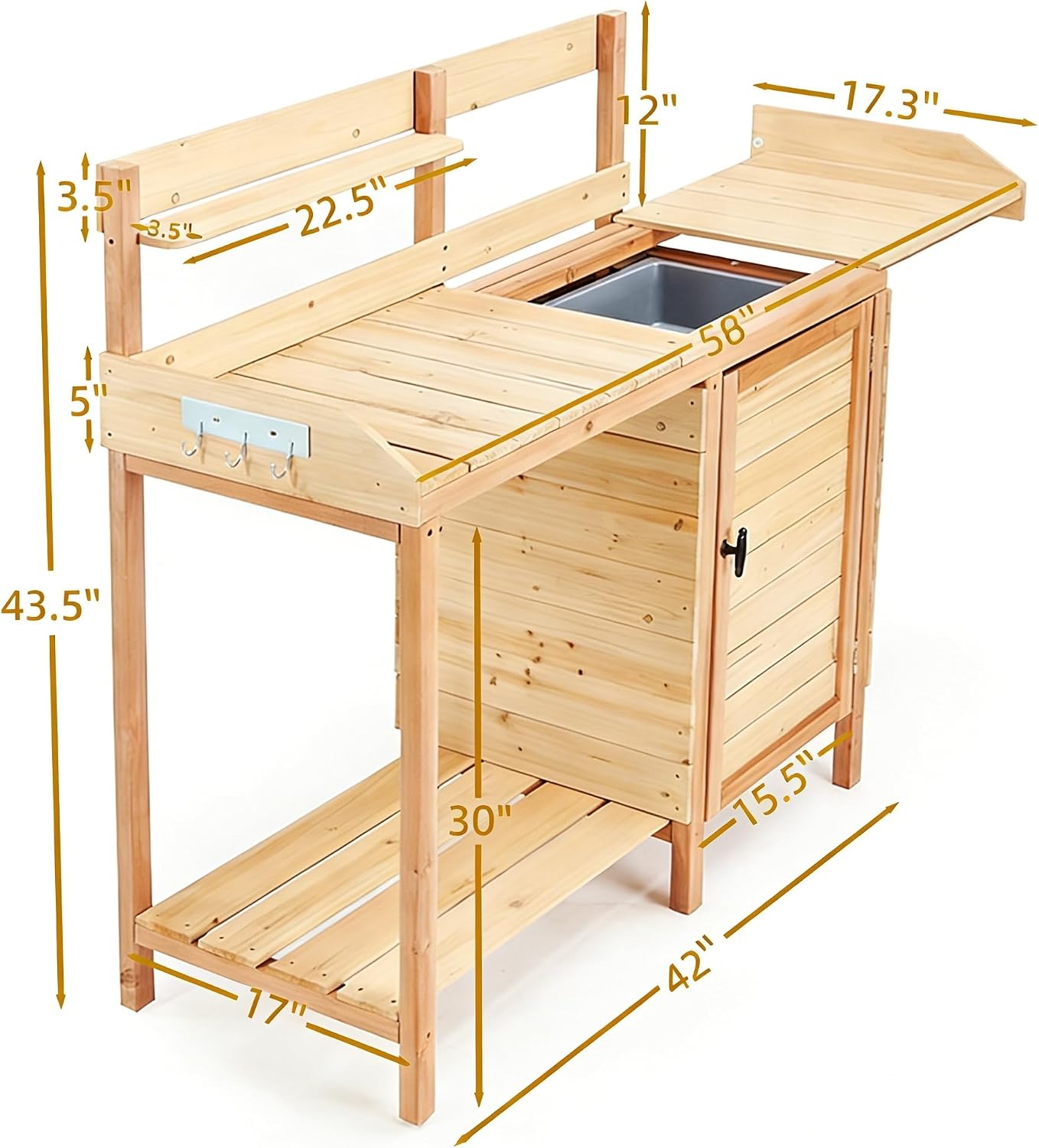 Outdoor Potting Bench with Sink, Wooden Garden Potting Table with Storage Shelf, Removable Tray & Side Hooks, Gardening Workstation for Outdoor, Patio& Backyard, Natural