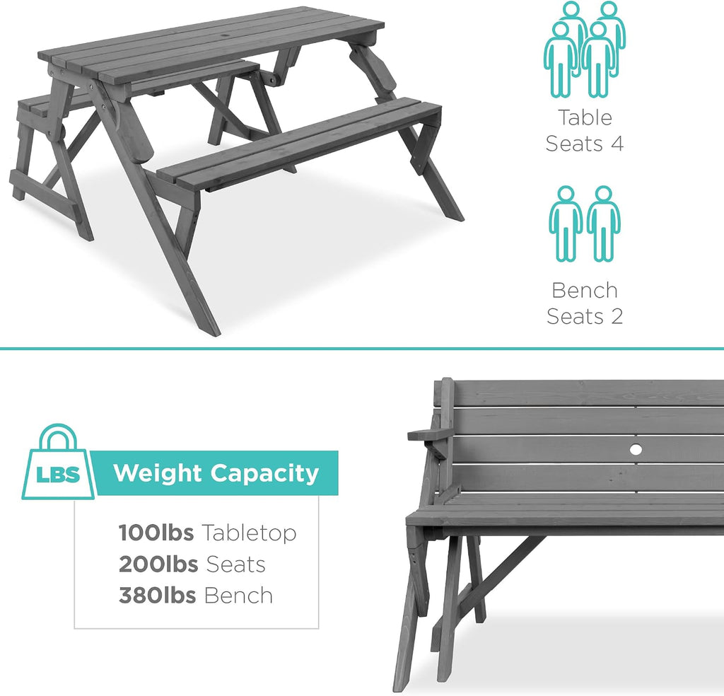Best Choice Products 2-in-1 Transforming Interchangeable Outdoor Wooden Picnic Table Garden Bench for Backyard, Porch, Patio, Deck w/Umbrella Hole - Gray