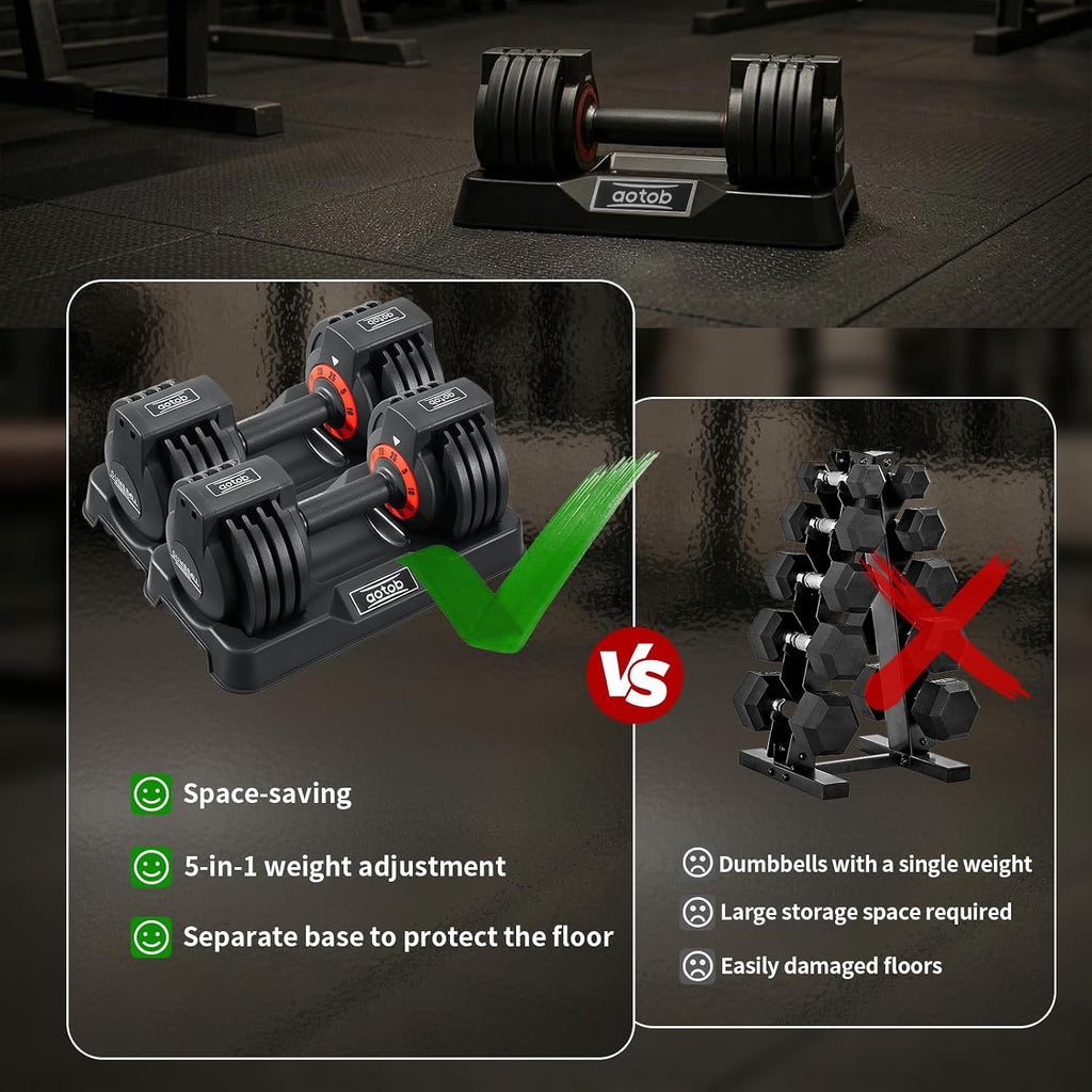 AOTOB Adjustable Dumbbell Set 25/55 Lbs (Pair), Fast Weight Adjustment with Anti-Slip Turning Handle, Space-Saving for Home Gym, Strength Training Equipment for Men & Women